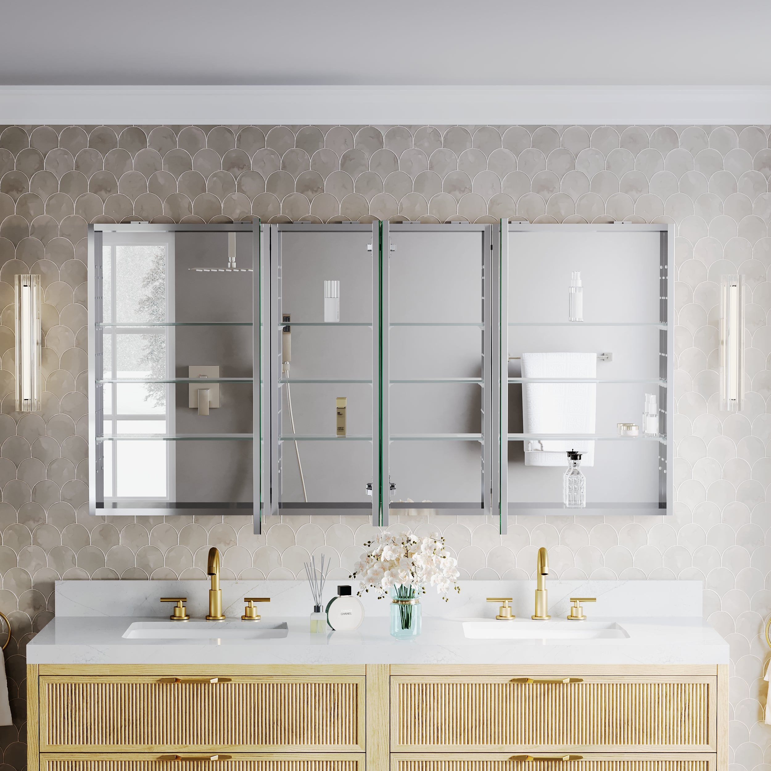 64 in.×32 in.H Copper-Free Mirror Medicine Cabinet with Soft-Close Blum® Hinges and 4 Doors