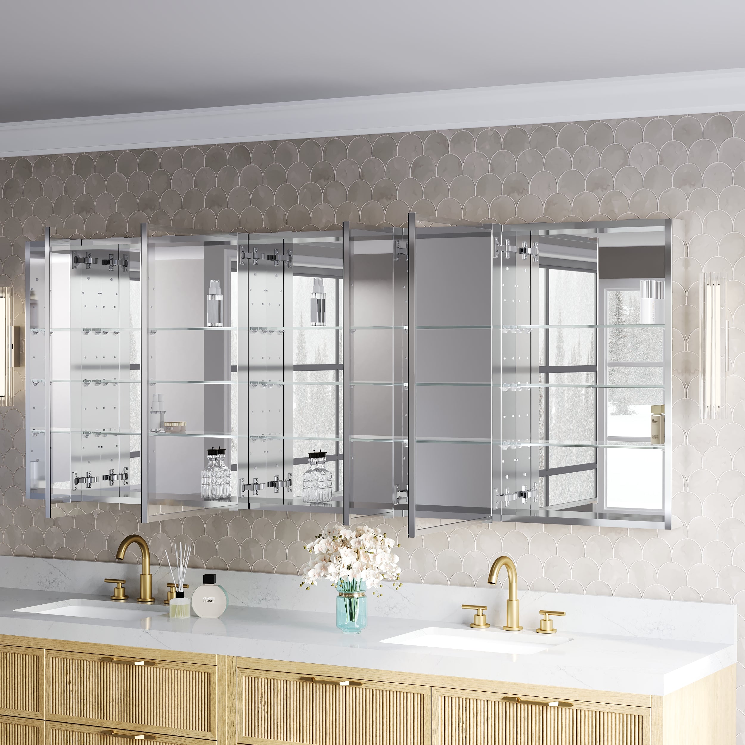 84 in.×32 in.H Copper-Free Mirror Medicine Cabinet with Soft-Close Blum® Hinges and 5 Doors