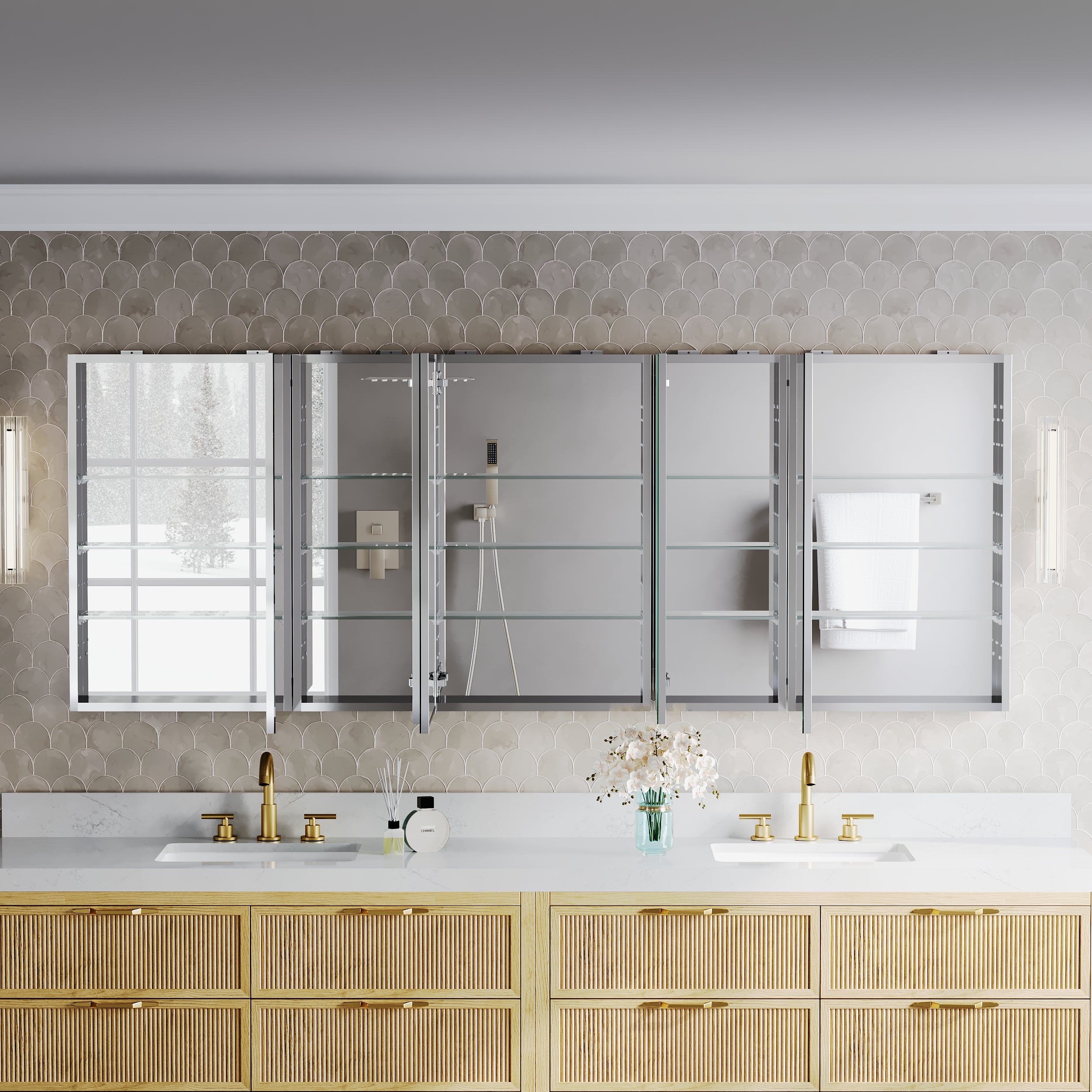 84 in.×32 in.H Copper-Free Mirror Medicine Cabinet with Soft-Close Blum® Hinges and 5 Doors