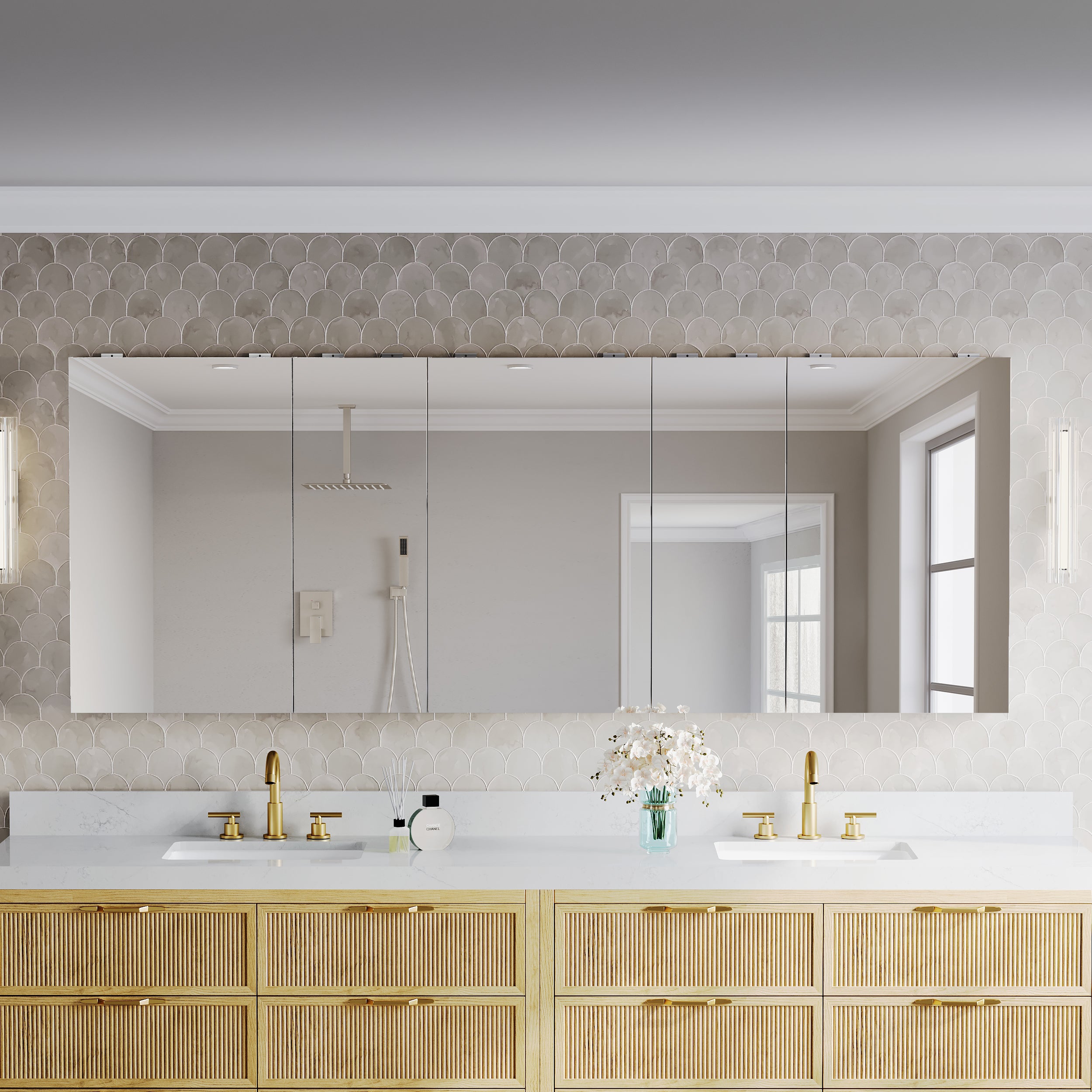 84 in.×32 in.H Copper-Free Mirror Medicine Cabinet with Soft-Close Blum® Hinges and 5 Doors