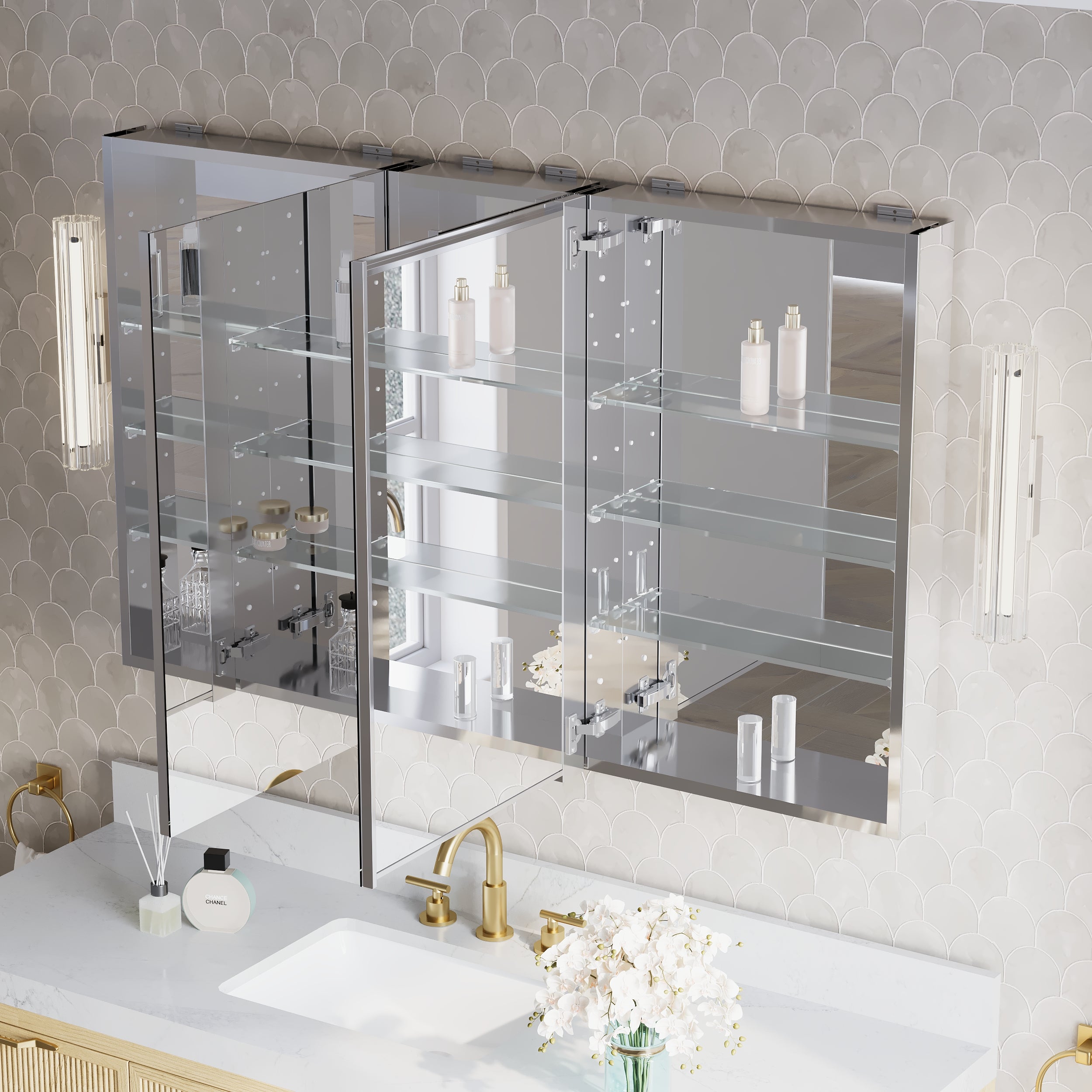 52 in.×32 in.H Copper-Free Mirror Medicine Cabinet with Soft-Close Blum® Hinges and 3 Doors