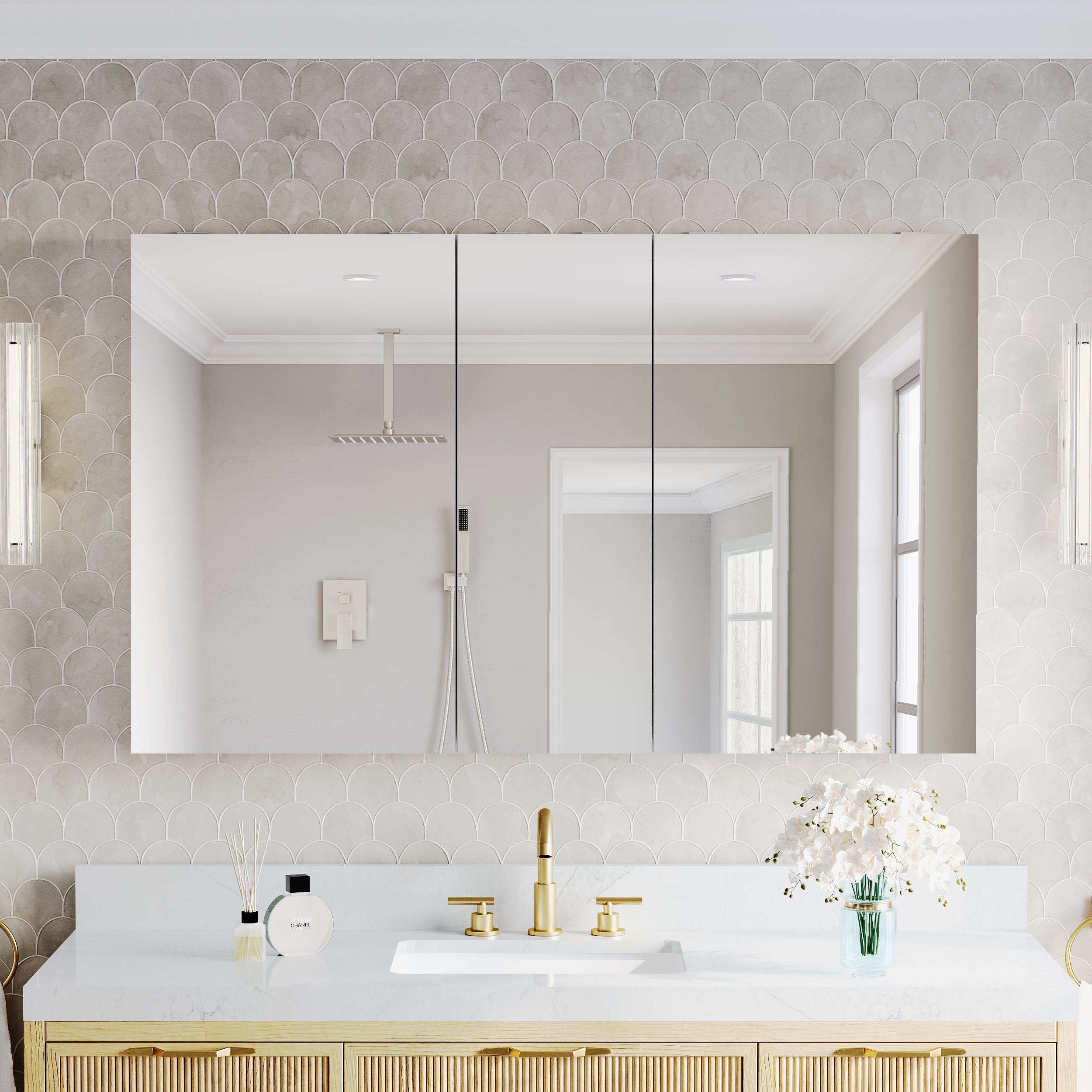 52 in.×32 in.H Copper-Free Mirror Medicine Cabinet with Soft-Close Blum® Hinges and 3 Doors