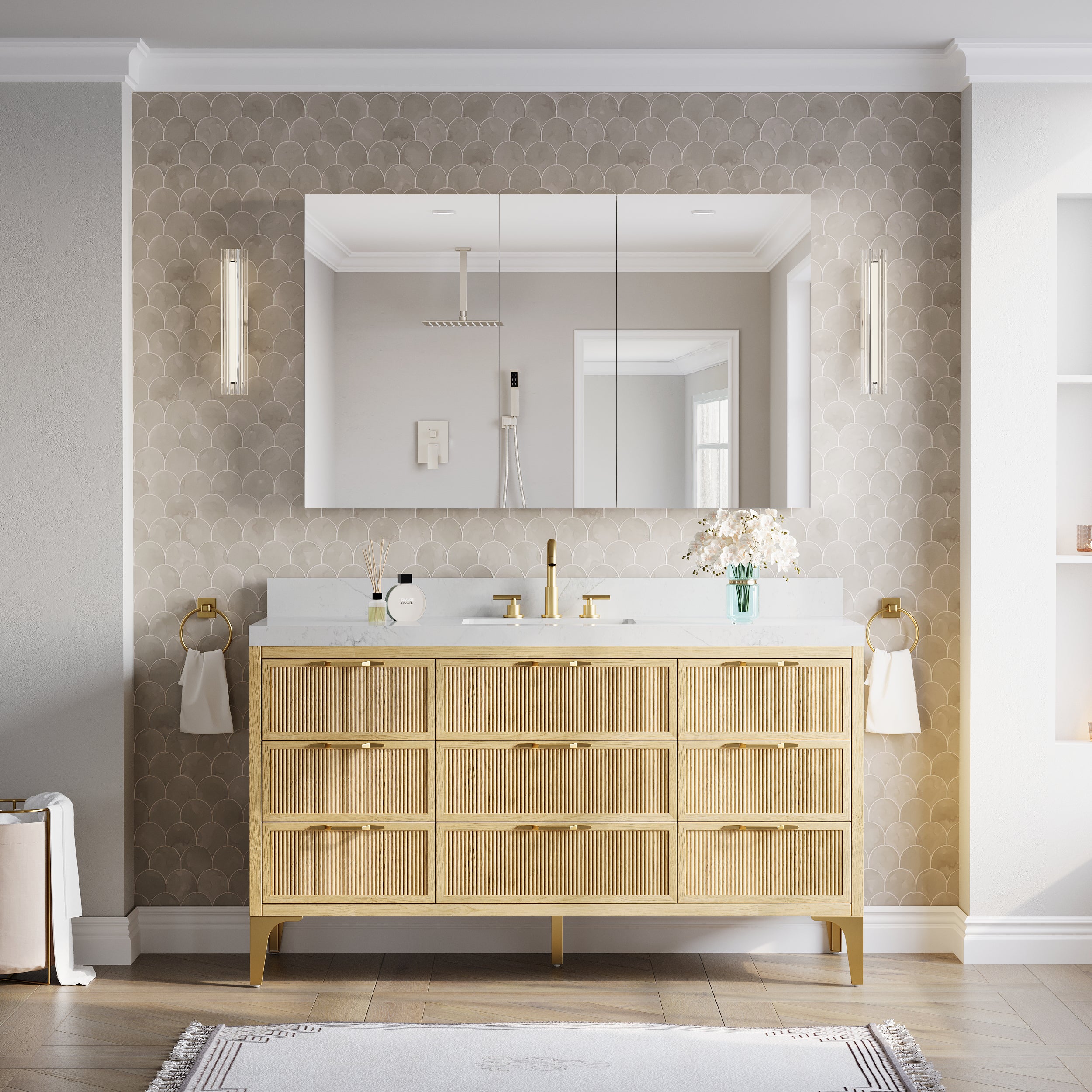 52 in.×32 in.H Copper-Free Mirror Medicine Cabinet with Soft-Close Blum® Hinges and 3 Doors