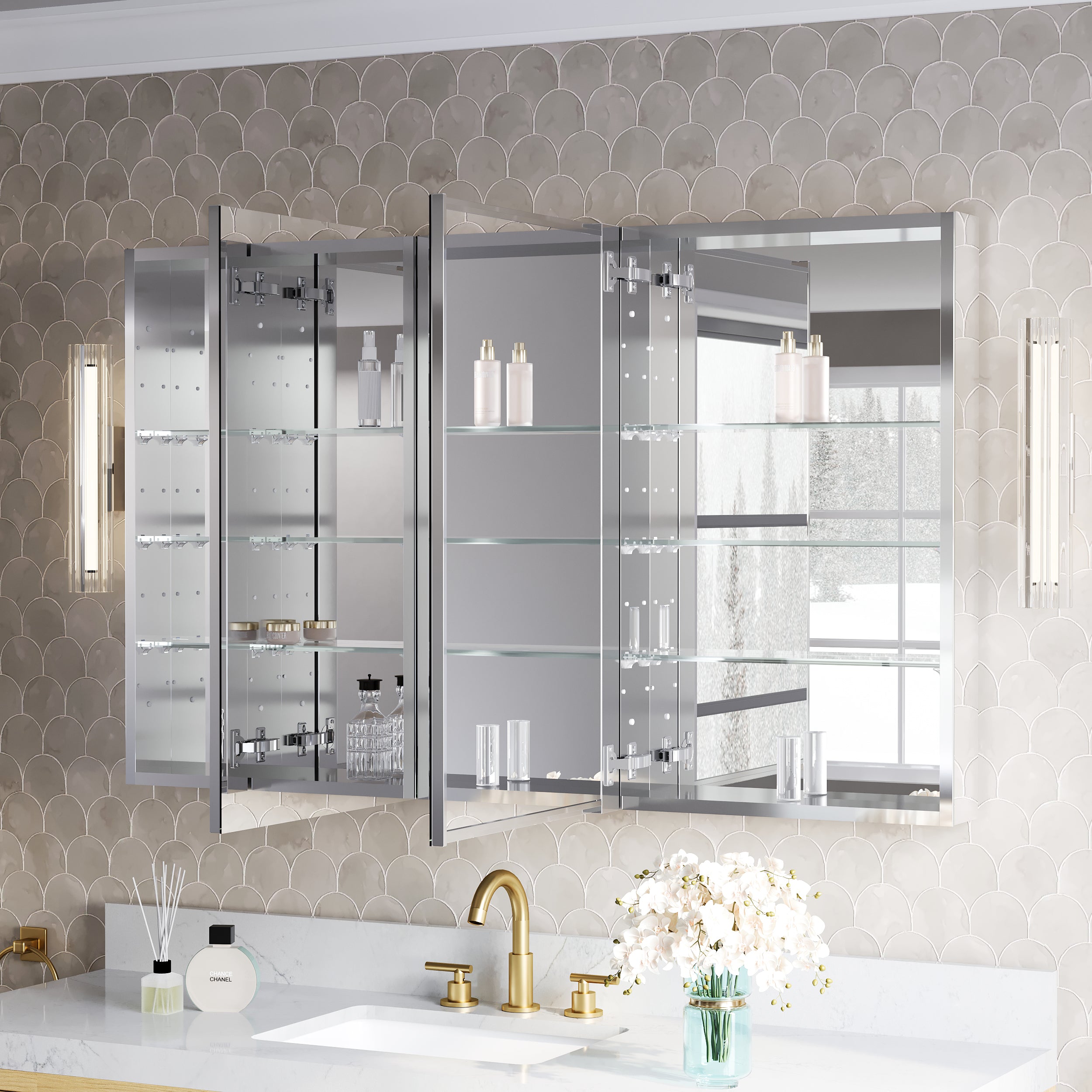 52 in.×32 in.H Copper-Free Mirror Medicine Cabinet with Soft-Close Blum® Hinges and 3 Doors