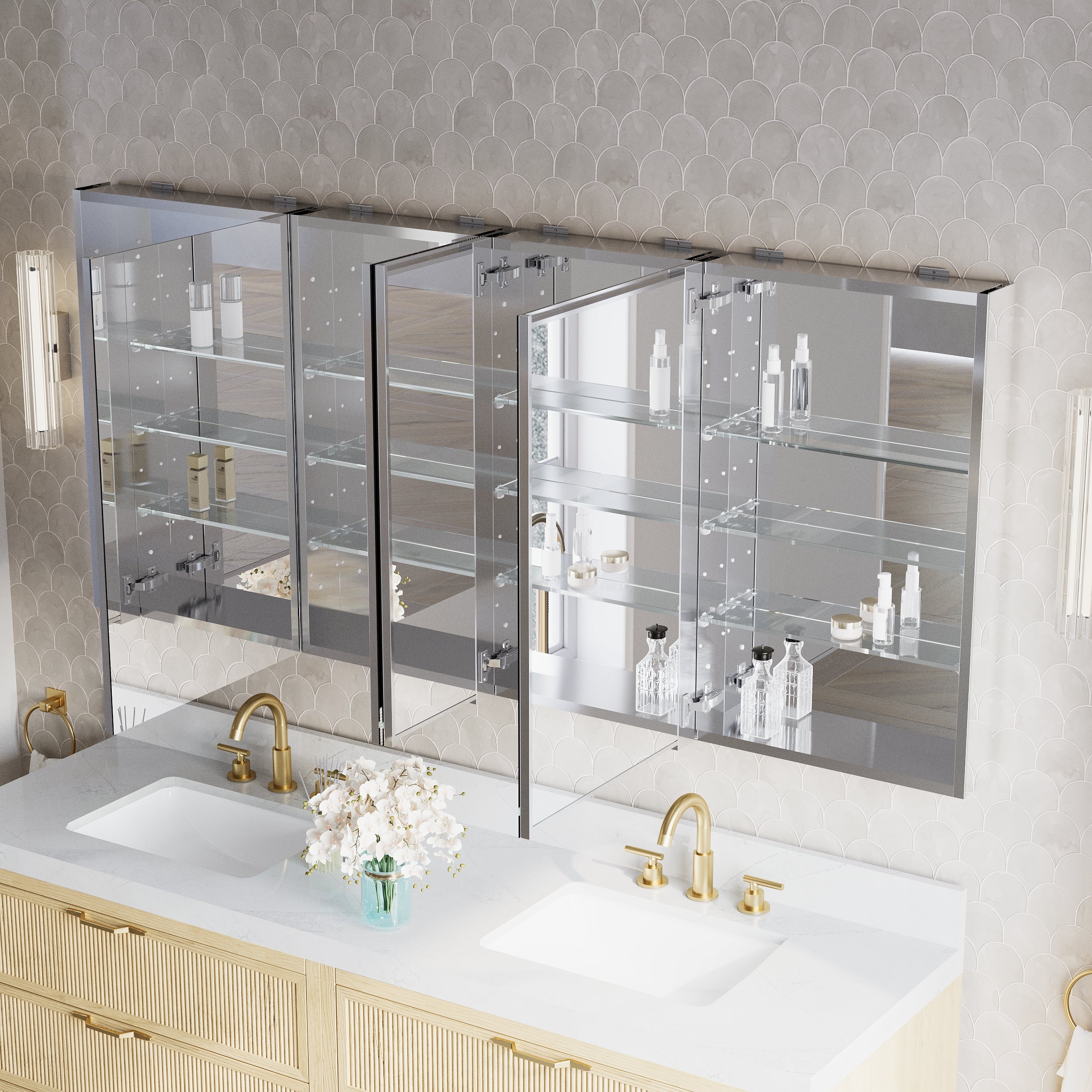 72 in.×32 in.H Copper-Free Mirror Medicine Cabinet with Soft-Close Blum® Hinges and 4 Doors