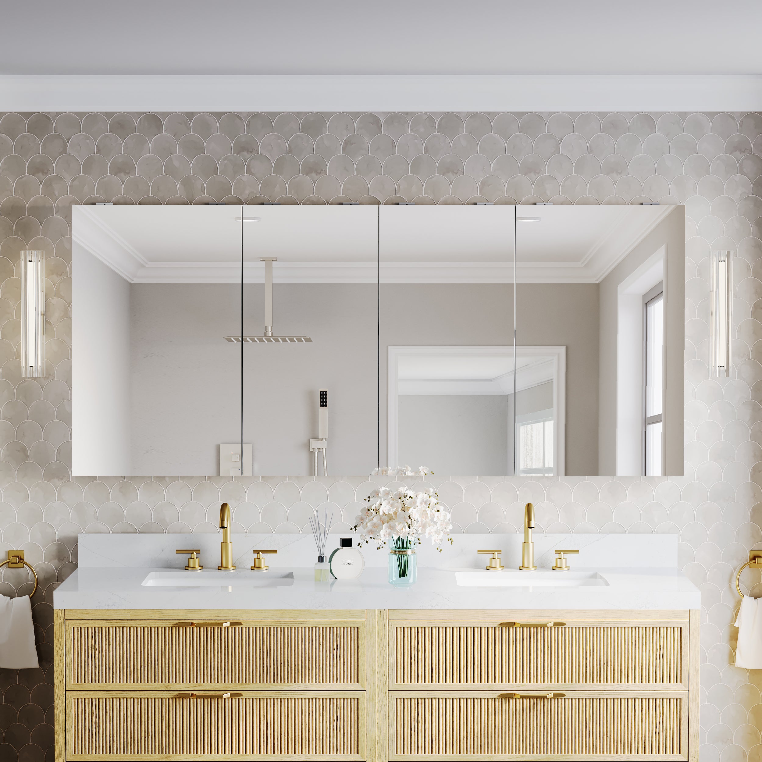 72 in.×32 in.H Copper-Free Mirror Medicine Cabinet with Soft-Close Blum® Hinges and 4 Doors