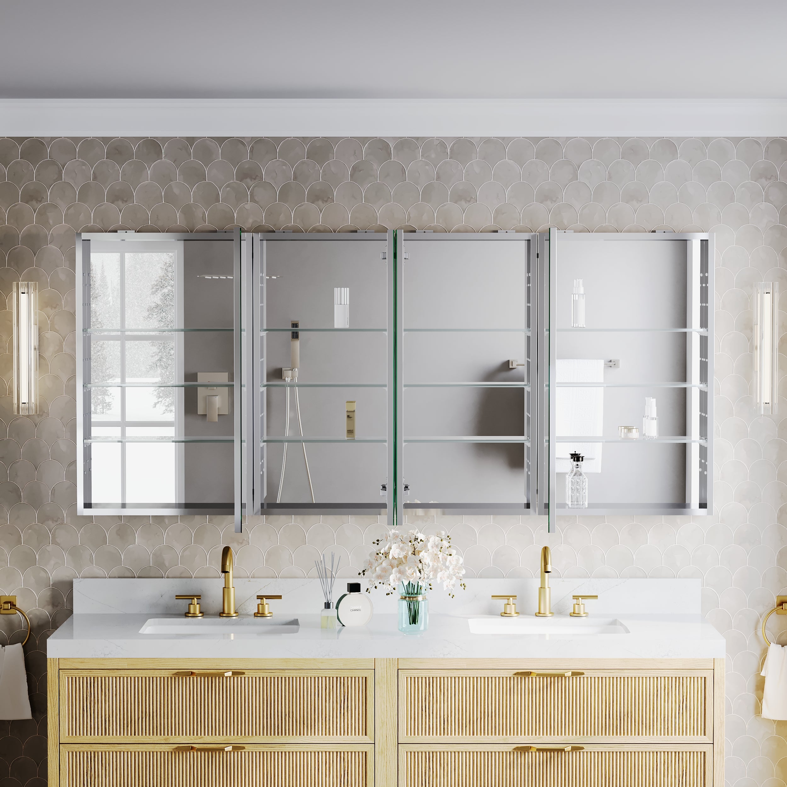 72 in.×32 in.H Copper-Free Mirror Medicine Cabinet with Soft-Close Blum® Hinges and 4 Doors