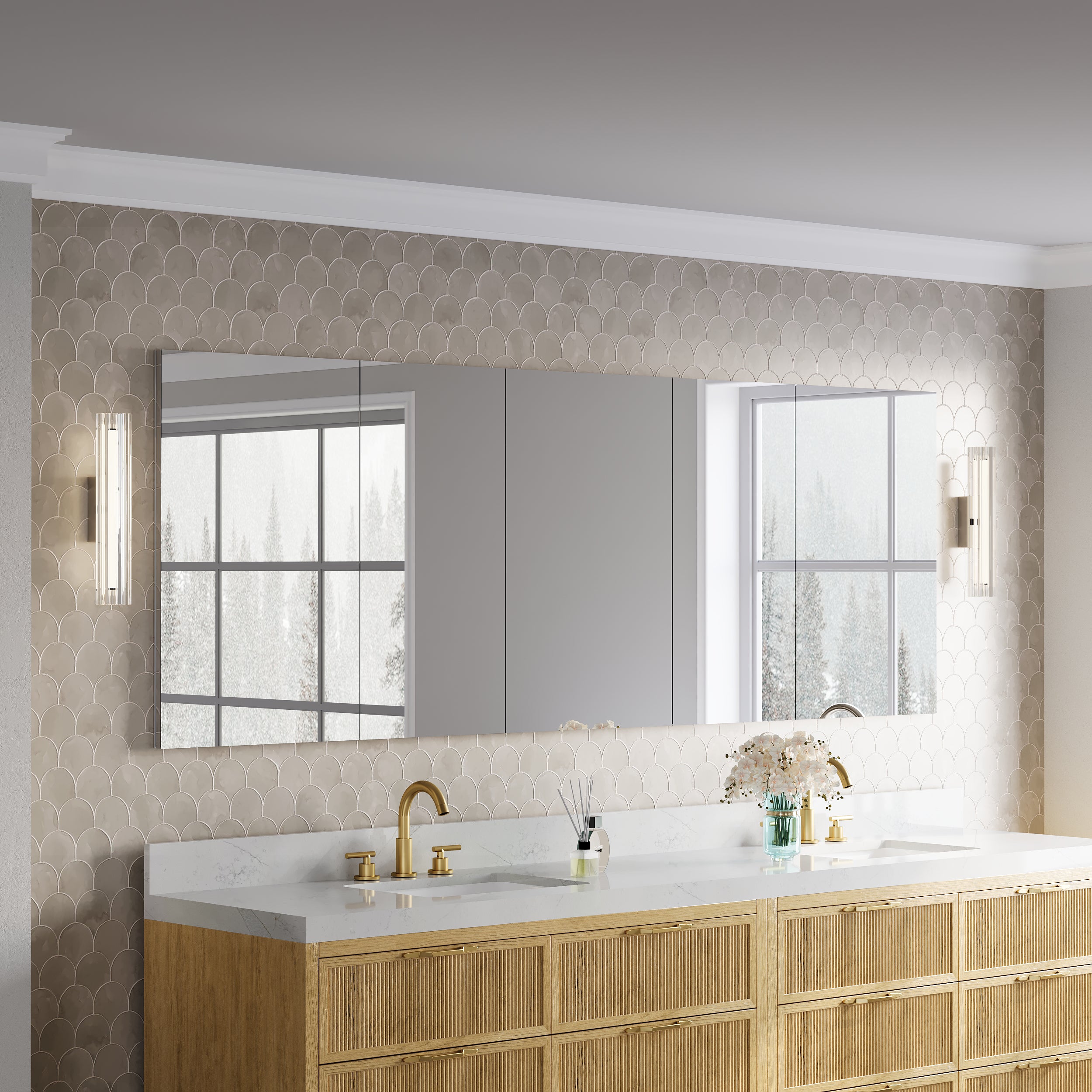 92 in.×32 in.H Copper-Free Mirror Medicine Cabinet with Soft-Close Blum® Hinges and 5 Doors