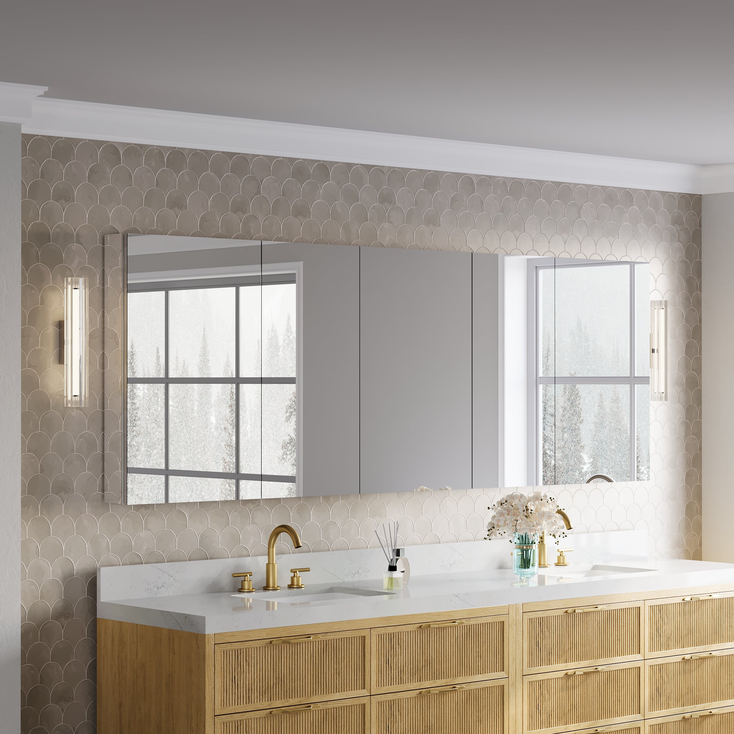 92 in.×32 in.H Copper-Free Mirror Medicine Cabinet with Soft-Close Blum® Hinges and 5 Doors