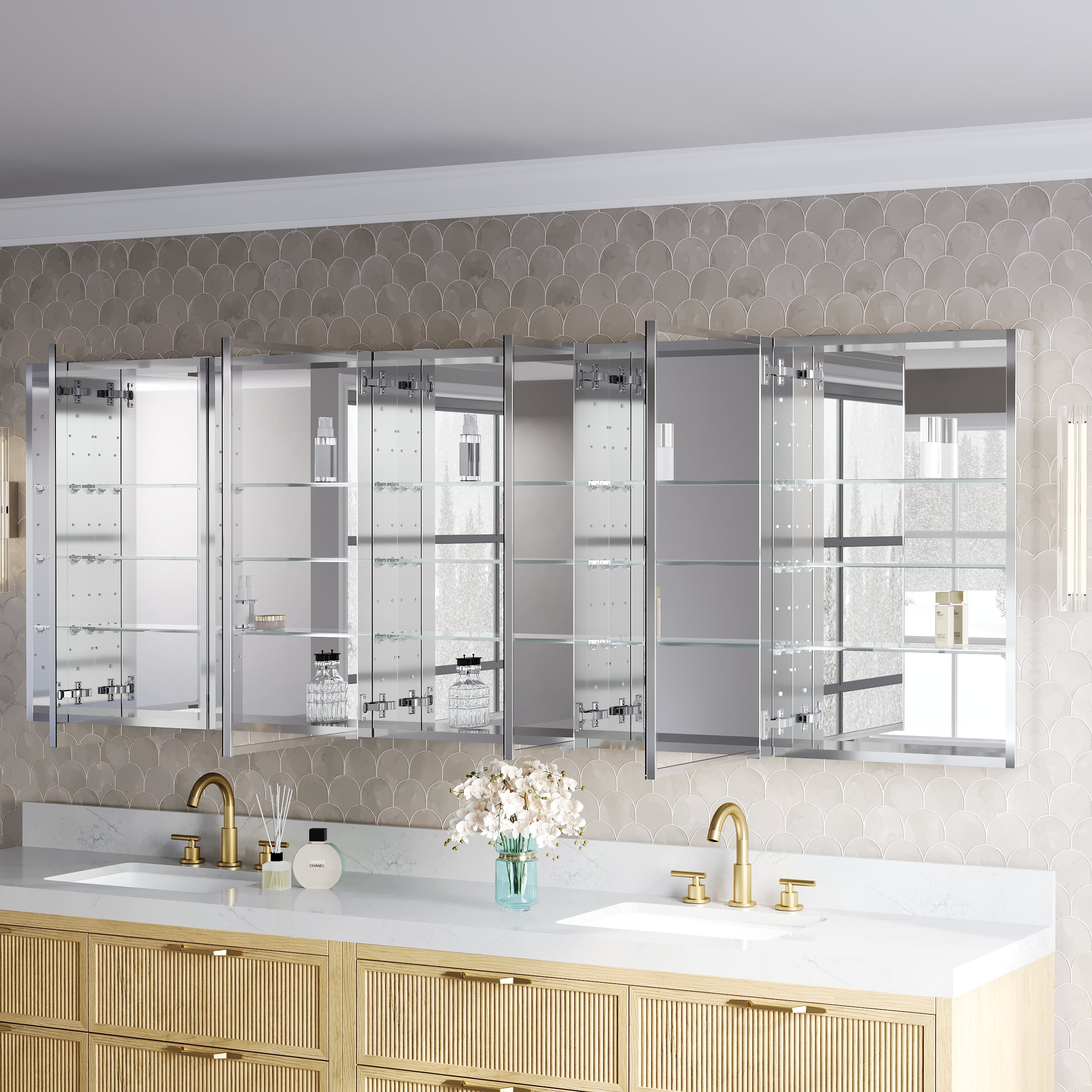92 in.×32 in.H Copper-Free Mirror Medicine Cabinet with Soft-Close Blum® Hinges and 5 Doors