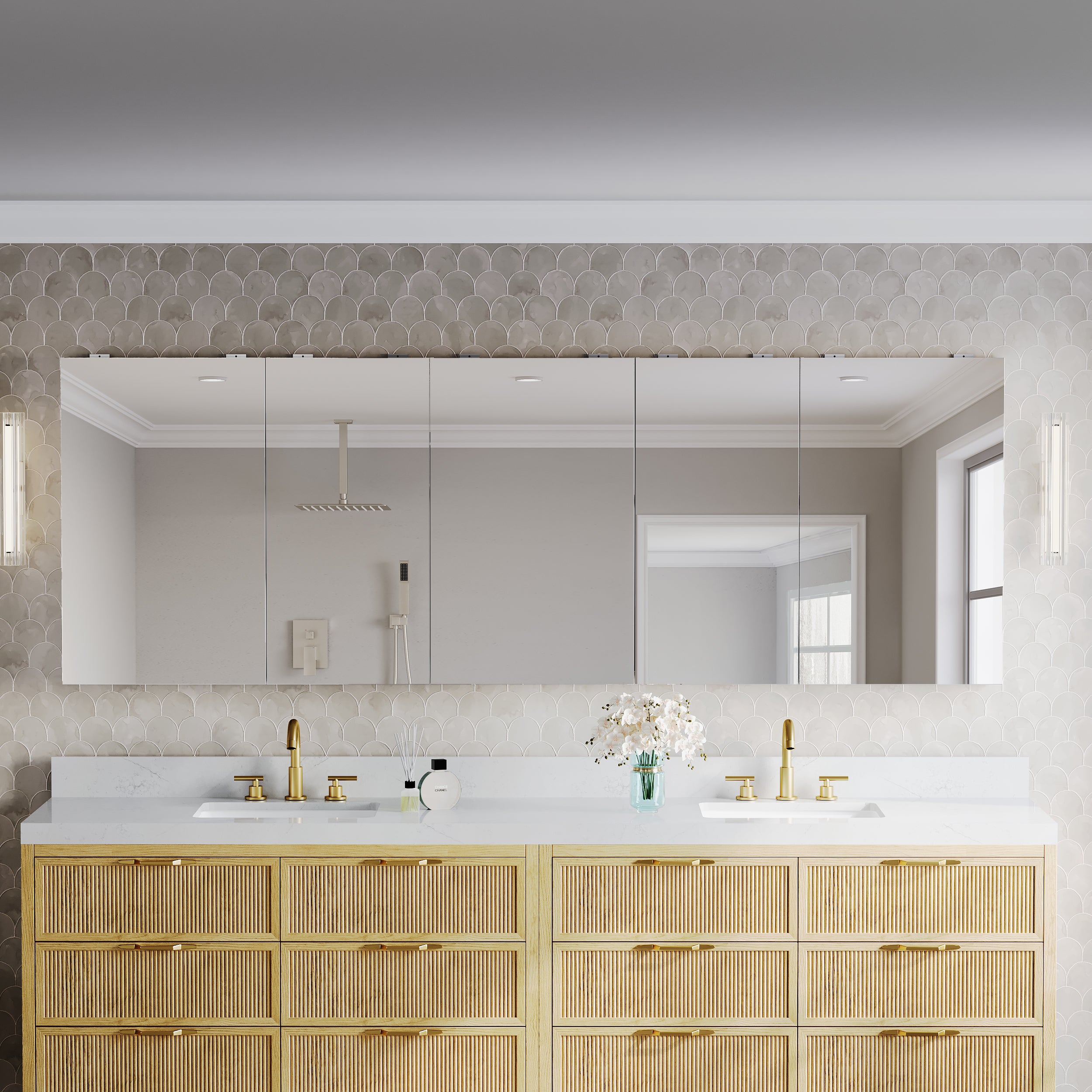 92 in.×32 in.H Copper-Free Mirror Medicine Cabinet with Soft-Close Blum® Hinges and 5 Doors