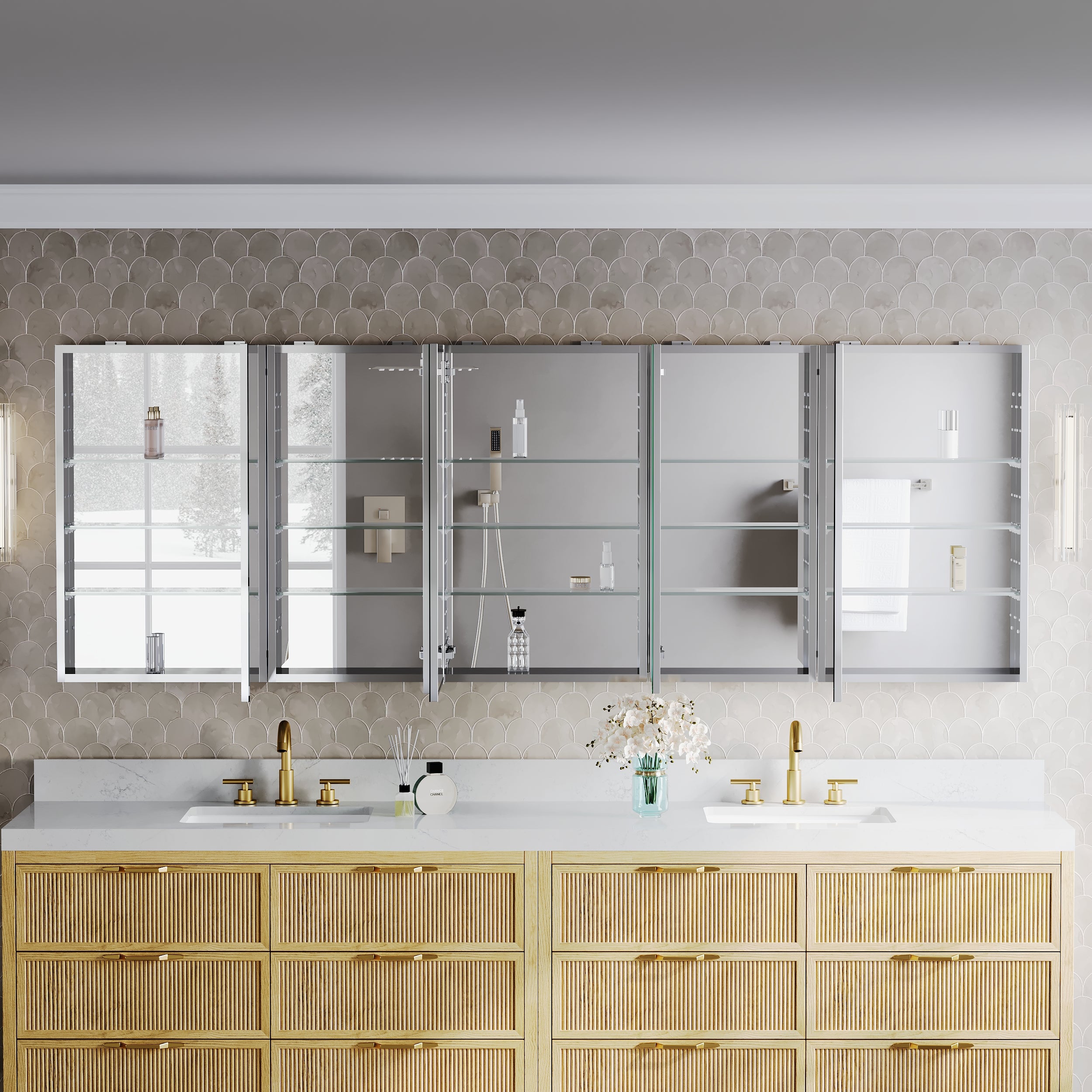 92 in.×32 in.H Copper-Free Mirror Medicine Cabinet with Soft-Close Blum® Hinges and 5 Doors