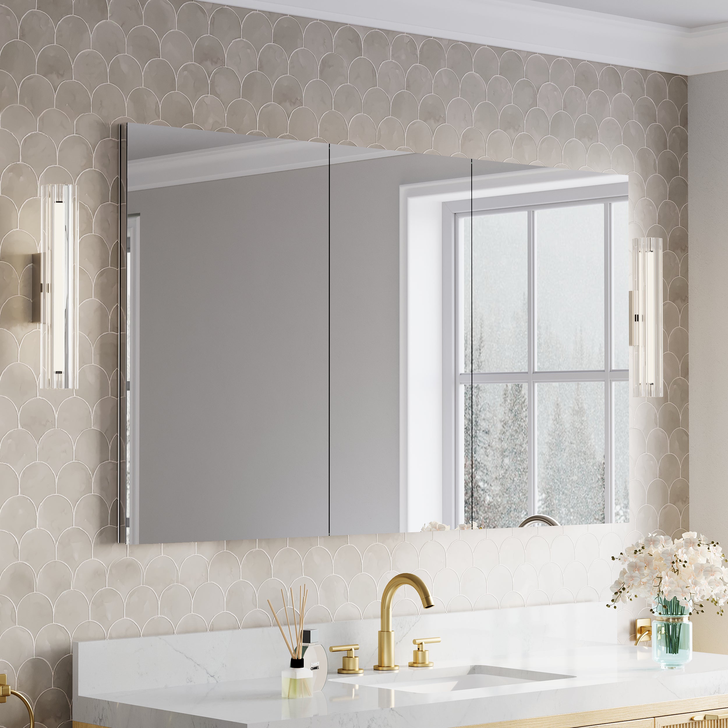 56 in.×32 in.H Copper-Free Mirror Medicine Cabinet with Soft-Close Blum® Hinges and 3 Doors