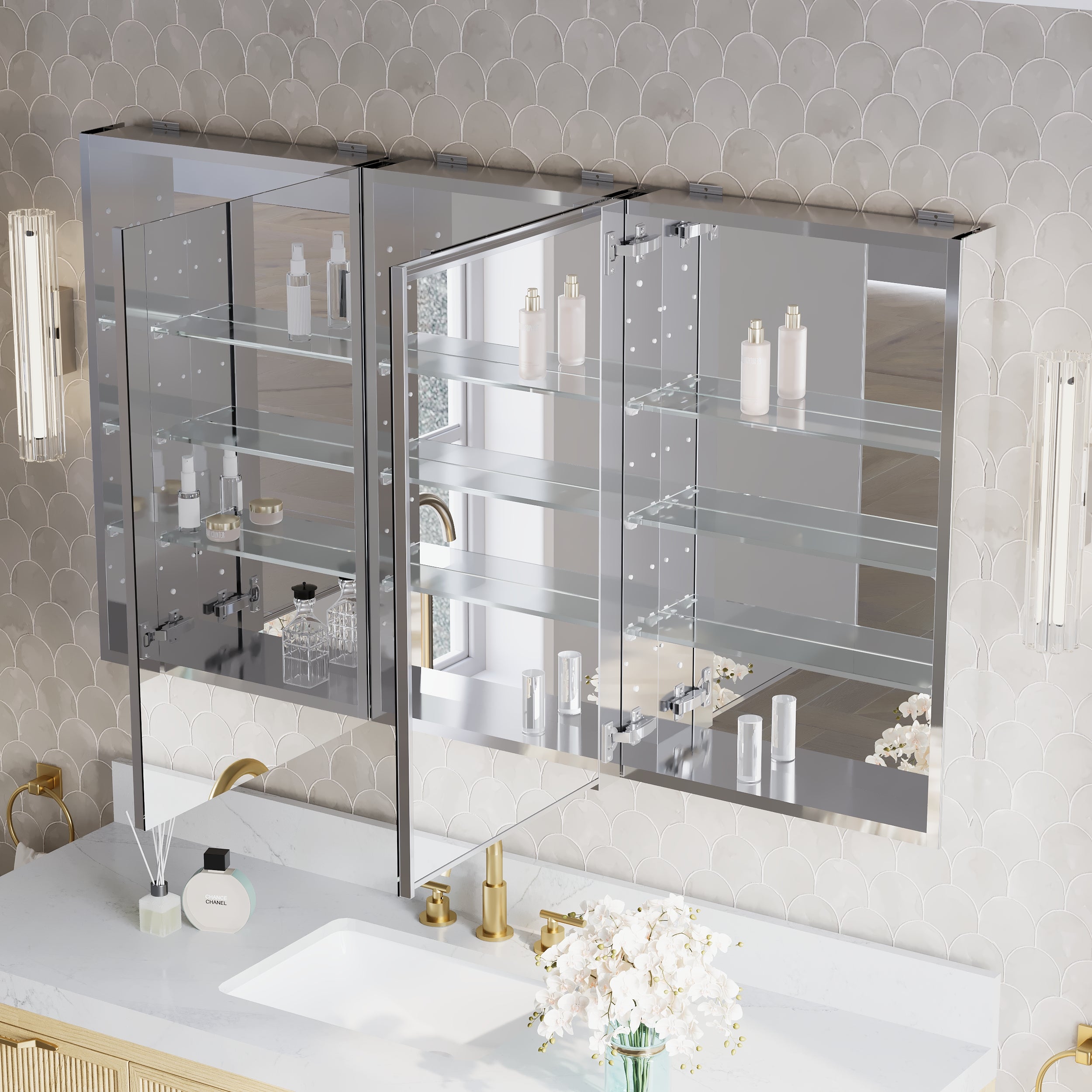 56 in.×32 in.H Copper-Free Mirror Medicine Cabinet with Soft-Close Blum® Hinges and 3 Doors