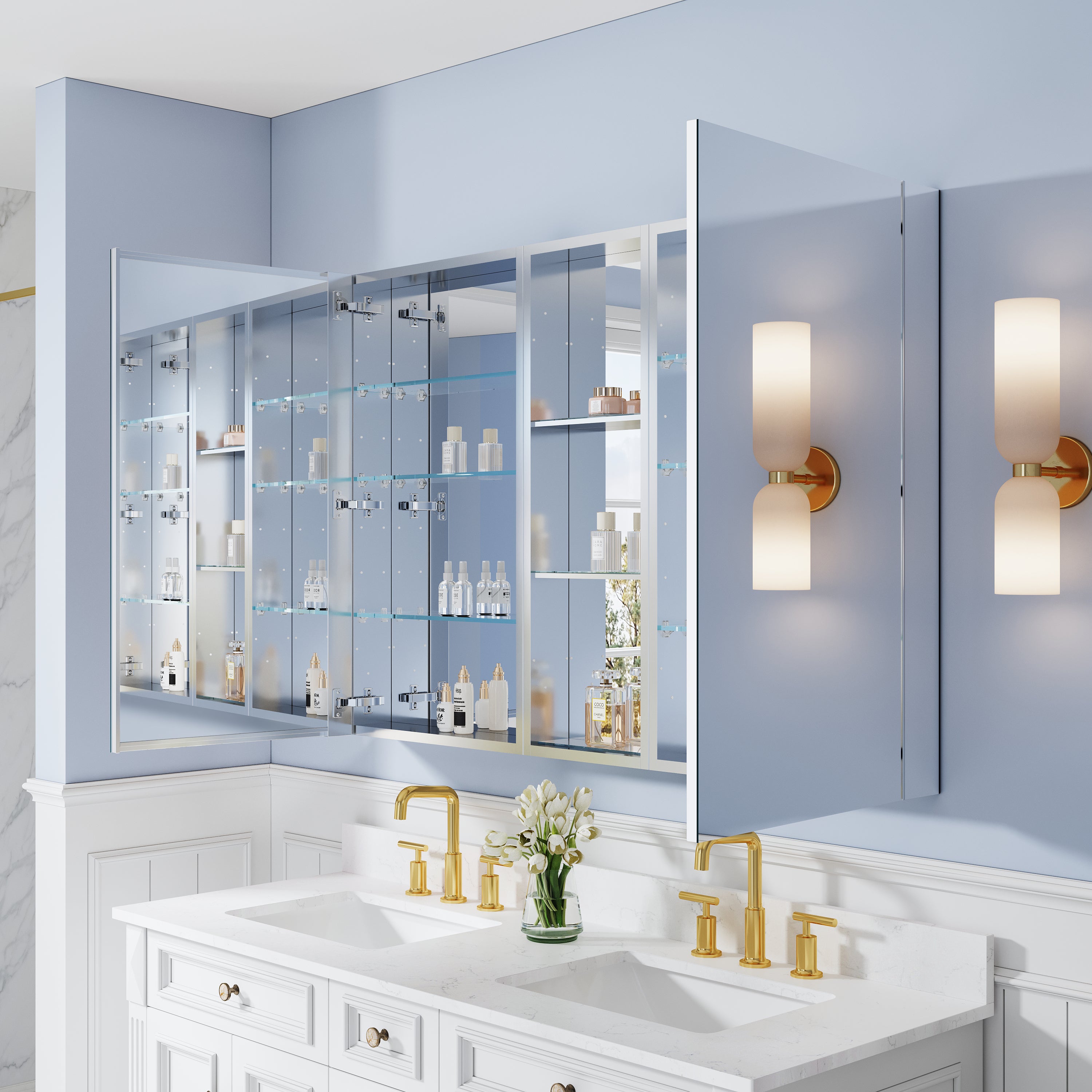 52 in. ×36 in. Bathroom Medicine Cabinet Set with Copper-Free Tri-View Mirror and Open Side Cabinet, Recessed or Surface Mount