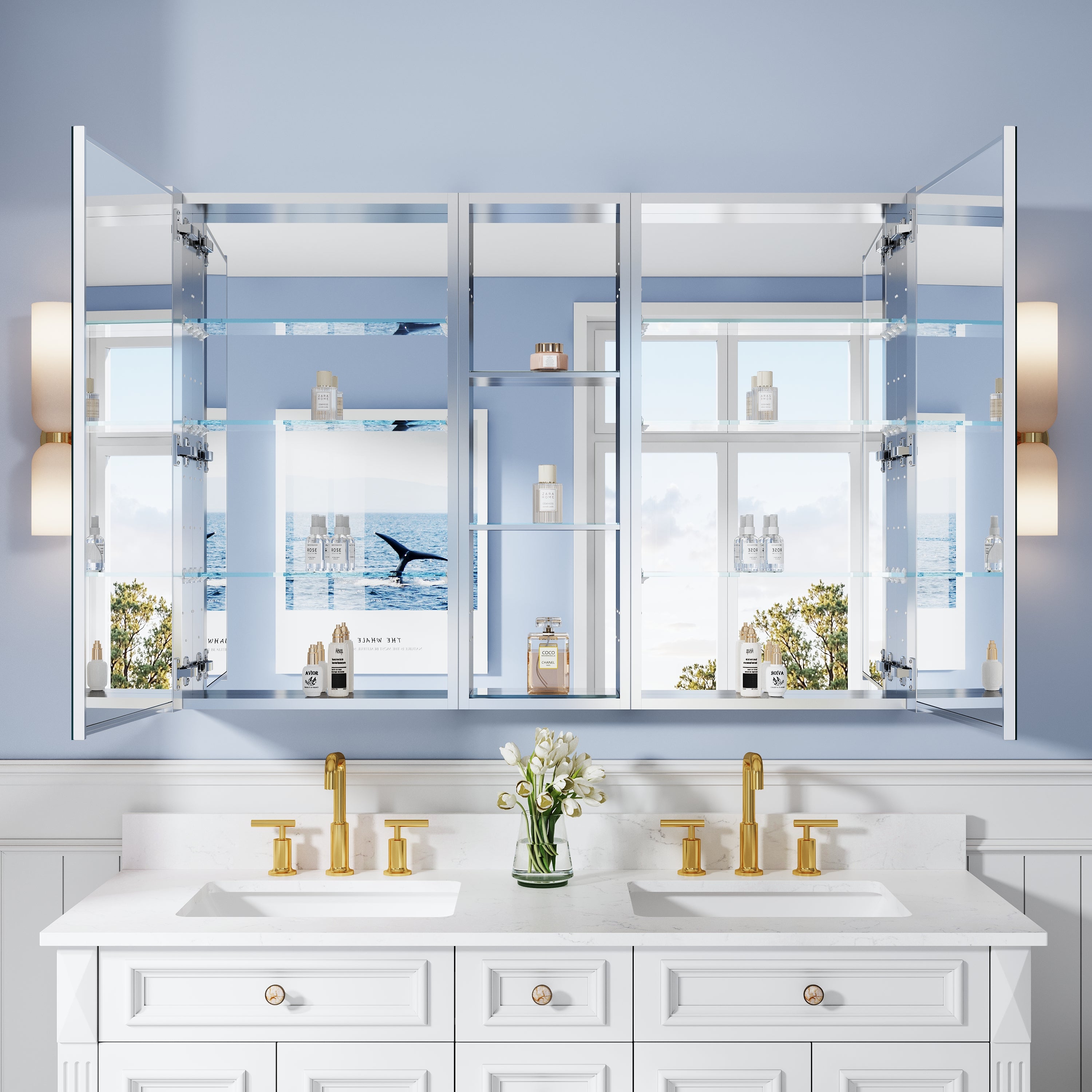 52 in. ×36 in. Bathroom Medicine Cabinet Set with Copper-Free Tri-View Mirror and Open Side Cabinet, Recessed or Surface Mount