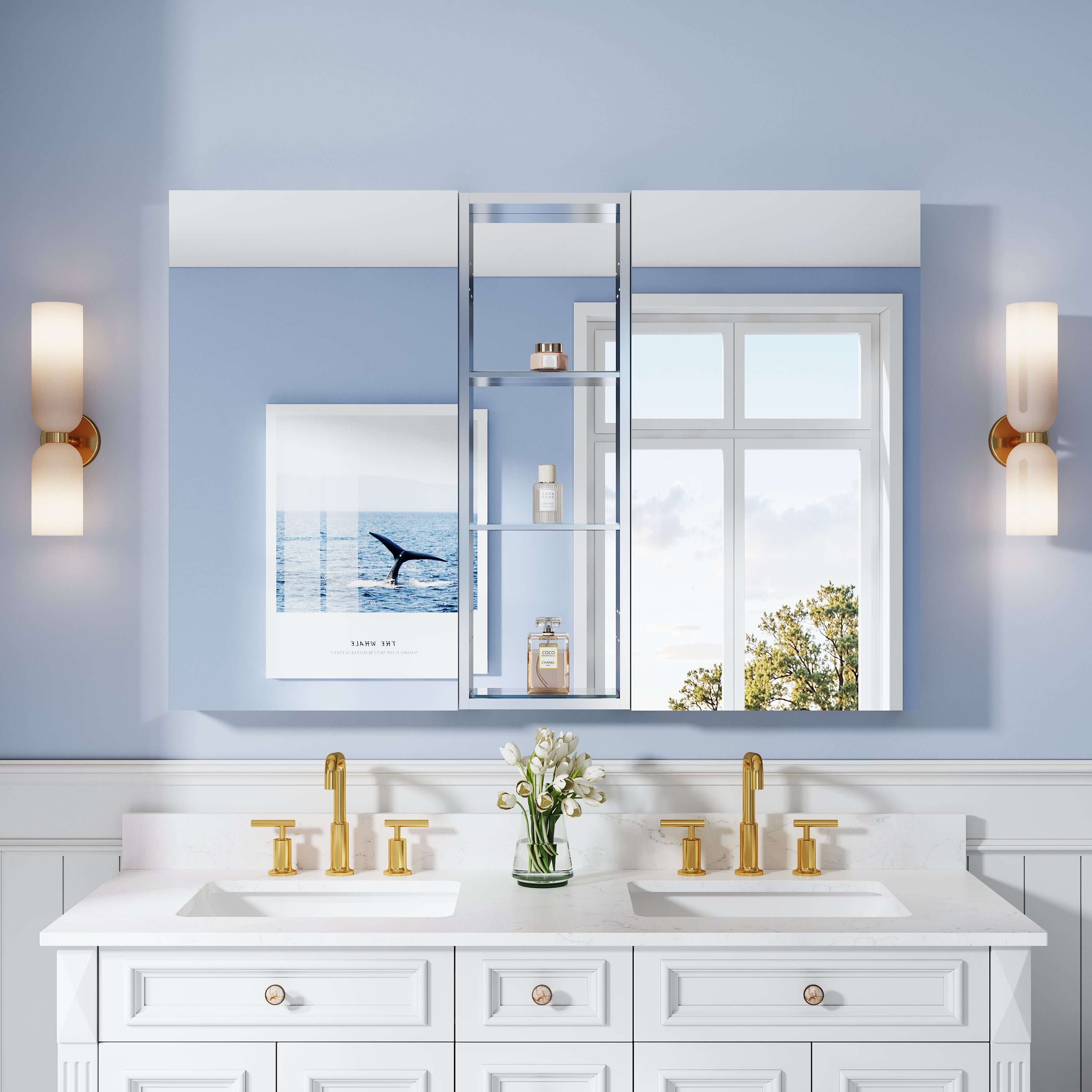 52 in. ×36 in. Bathroom Medicine Cabinet Set with Copper-Free Tri-View Mirror and Open Side Cabinet, Recessed or Surface Mount