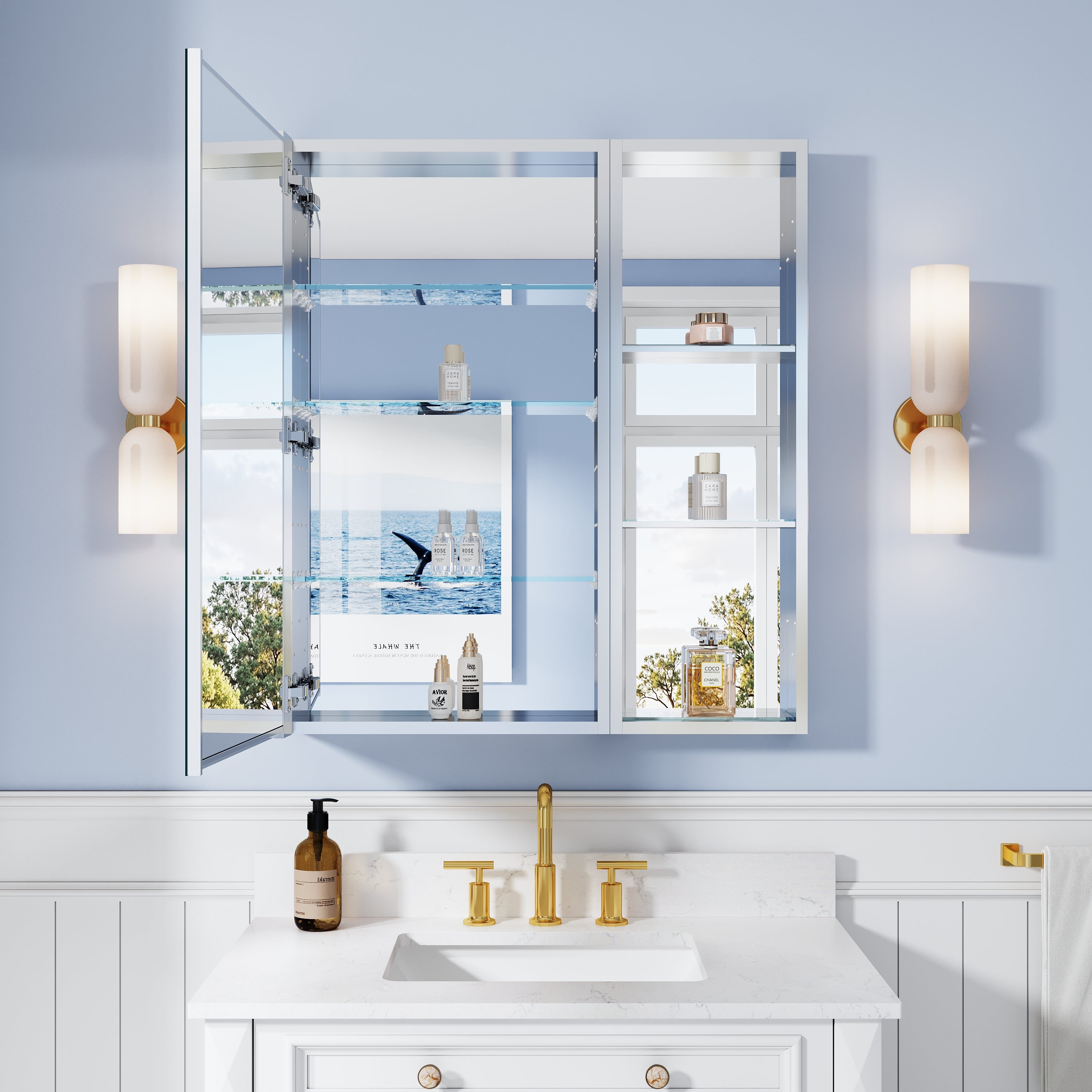 32 in. ×36 in. Bathroom Medicine Cabinet Set with Copper-Free Tri-View Mirror and Open Side Cabinet, Recessed or Surface Mount