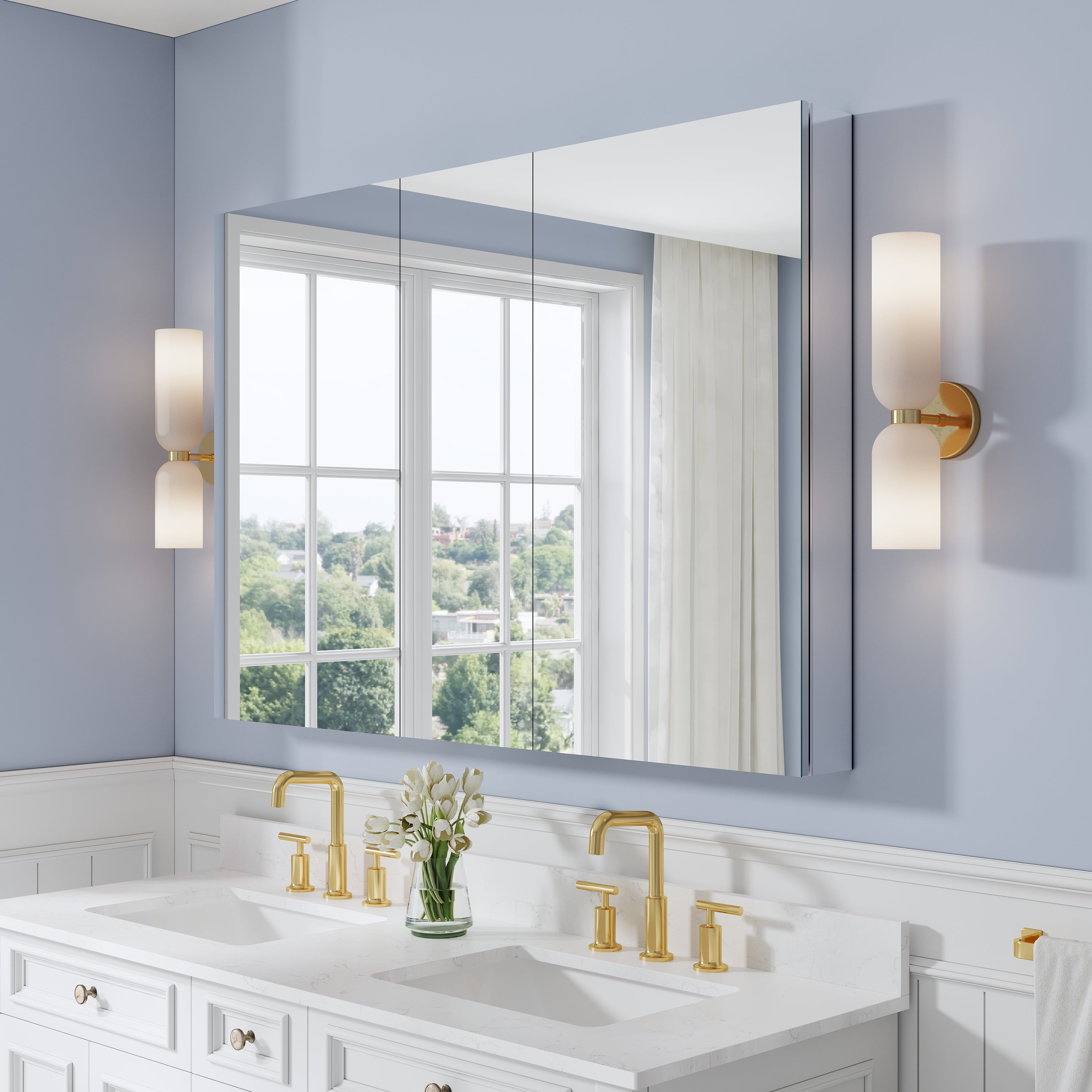 52 in. ×36 in. Copper-Free Tri-Views Mirror Medicine Cabinet with Adjustable Shelves and 3 Doors