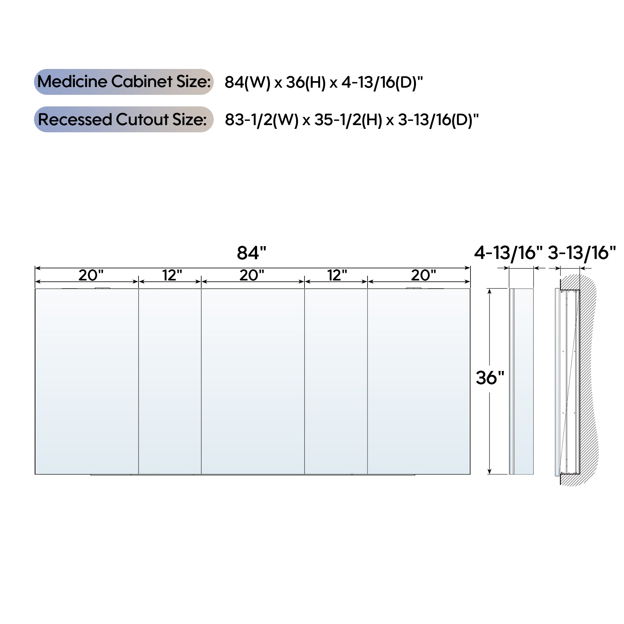 84 in. ×36 in. Copper-Free Tri-Views Mirror Medicine Cabinet with Adjustable Shelves and 5 Swing Doors