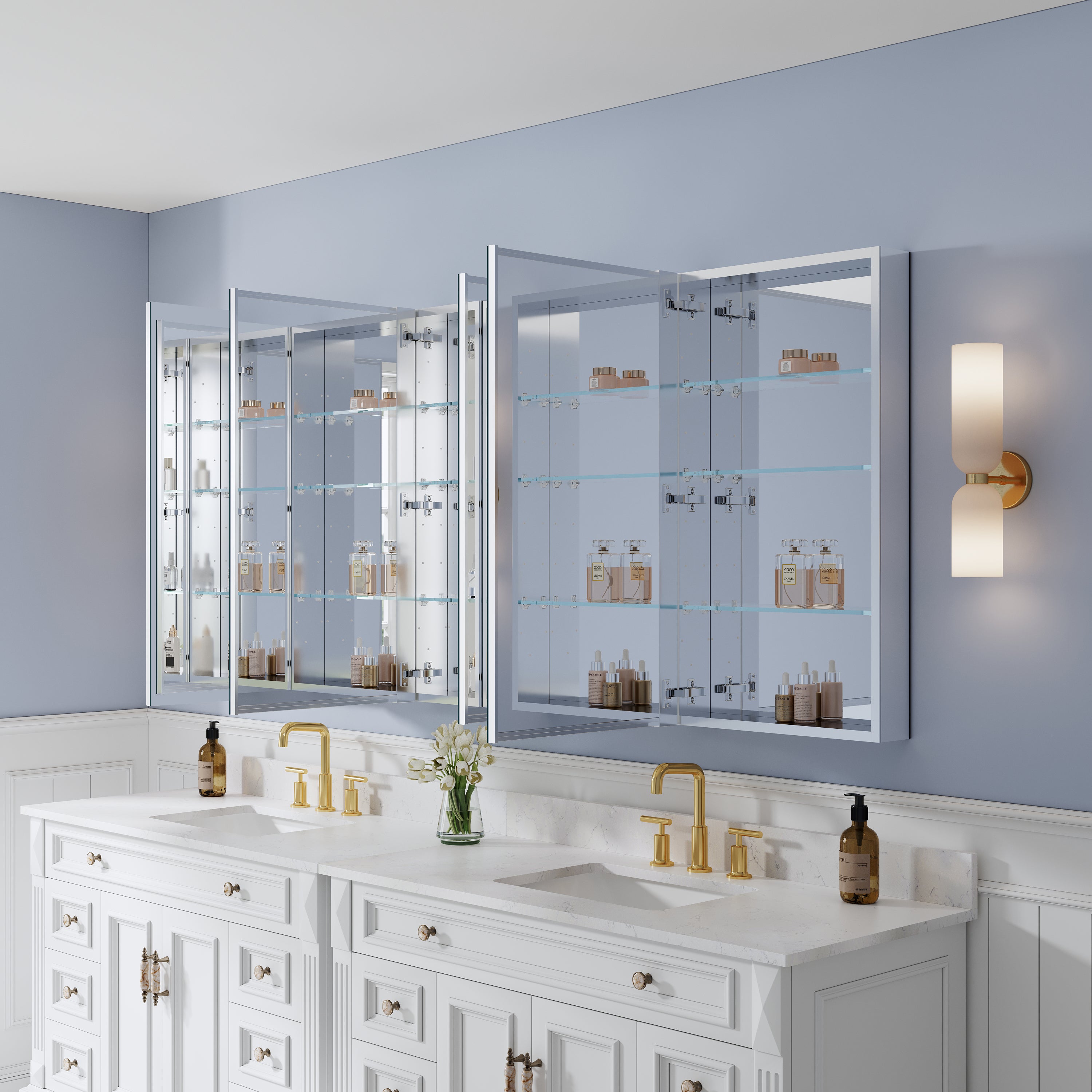 84 in. ×36 in. Copper-Free Tri-Views Mirror Medicine Cabinet with Adjustable Shelves and 5 Swing Doors