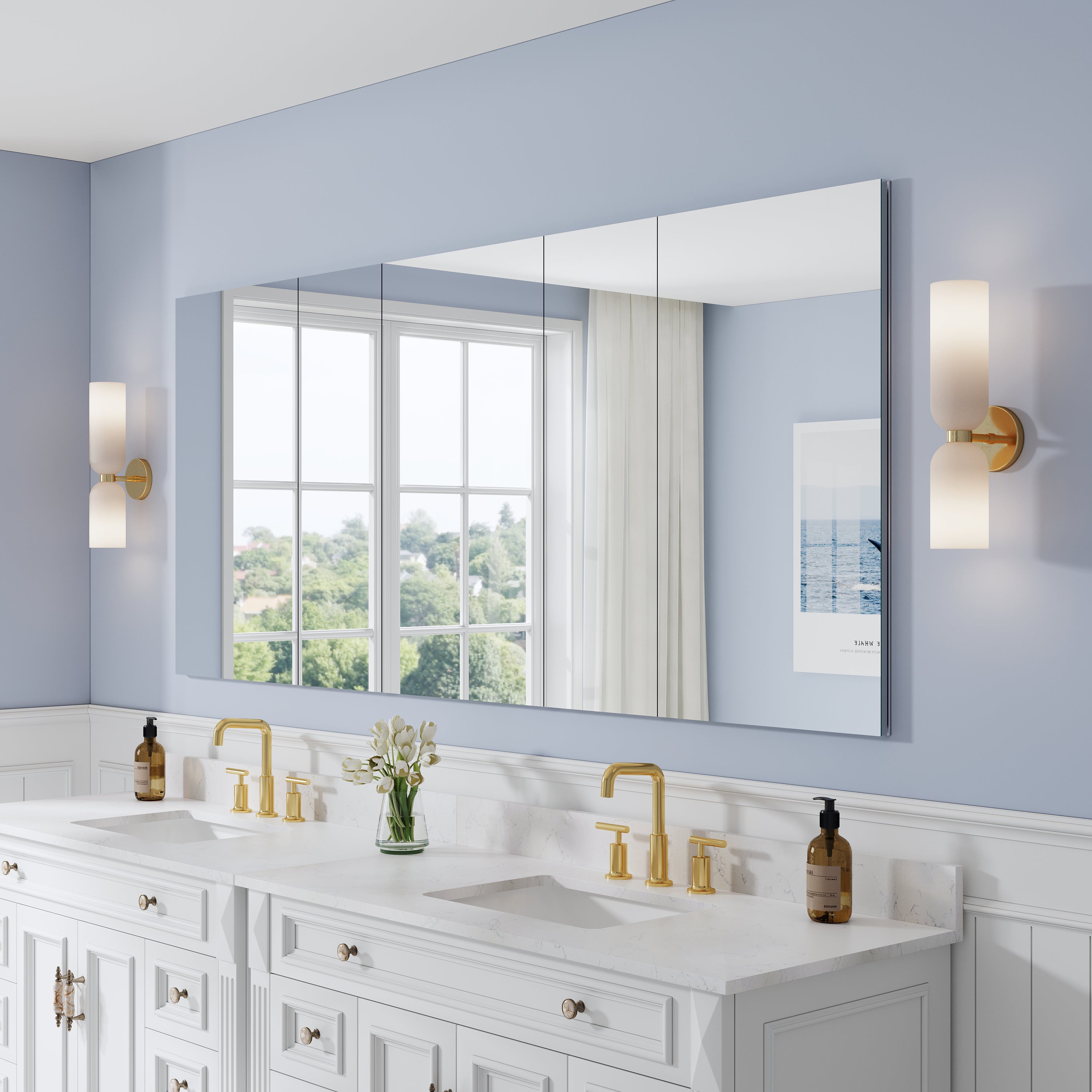 84 in. ×36 in. Copper-Free Tri-Views Mirror Medicine Cabinet with Adjustable Shelves and 5 Swing Doors