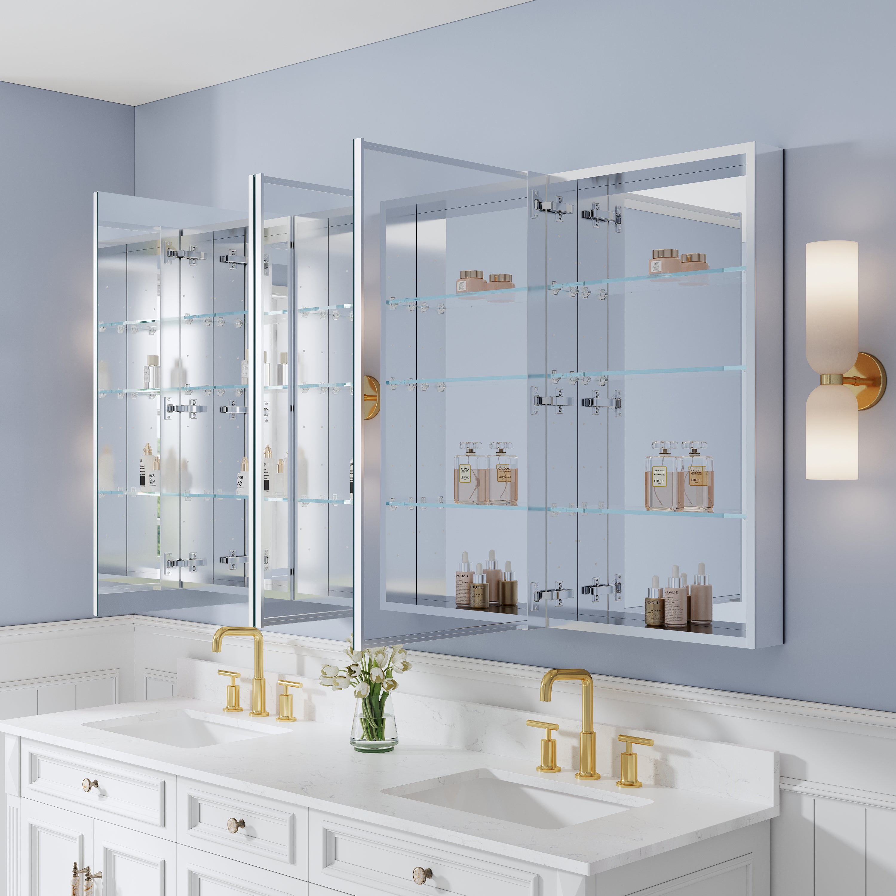 72 in. ×36 in. Copper-Free Tri-Views Mirror Medicine Cabinet with Adju