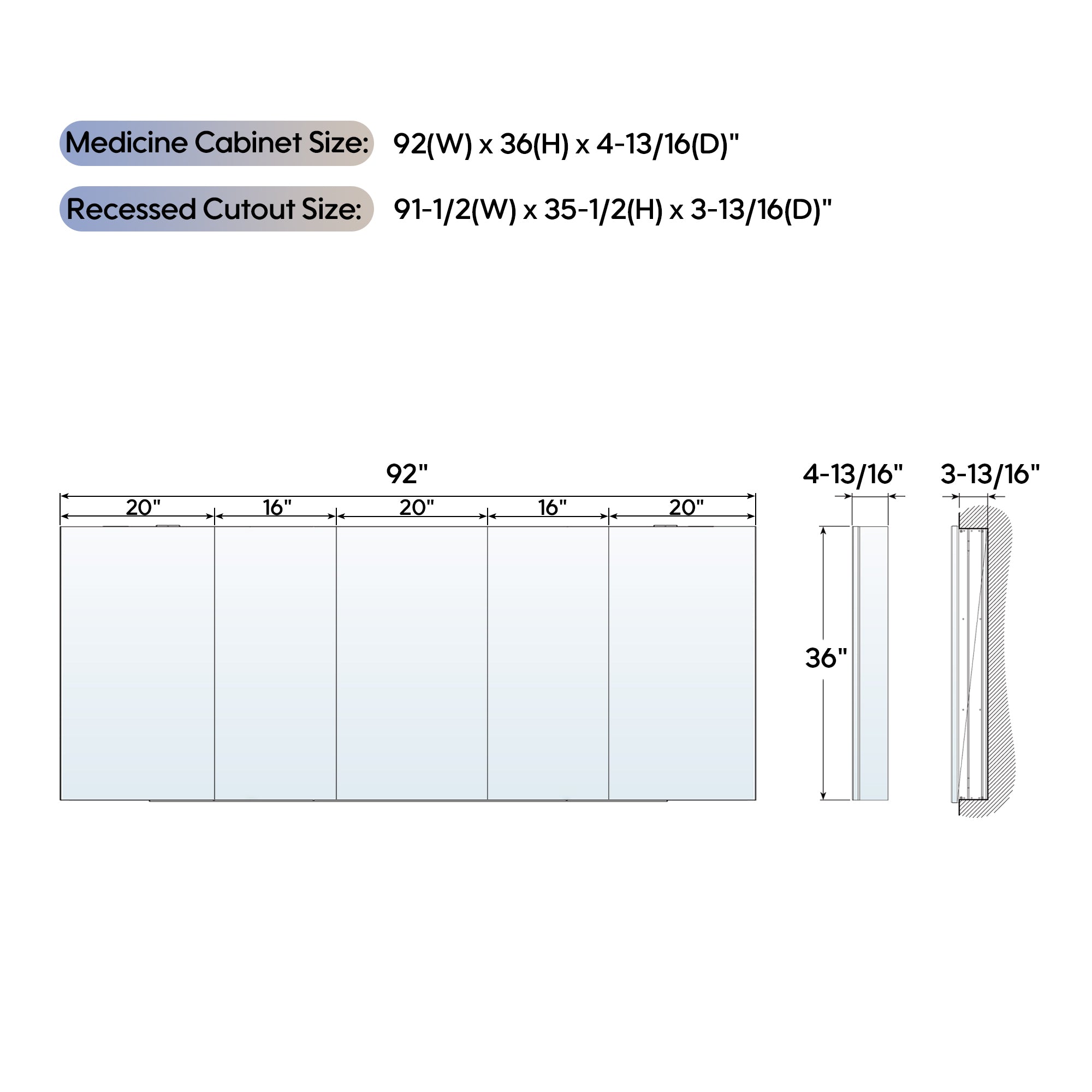 92 in. ×36 in. Copper-Free Tri-Views Mirror Medicine Cabinet with Adjustable Shelves and 5 Swing Doors