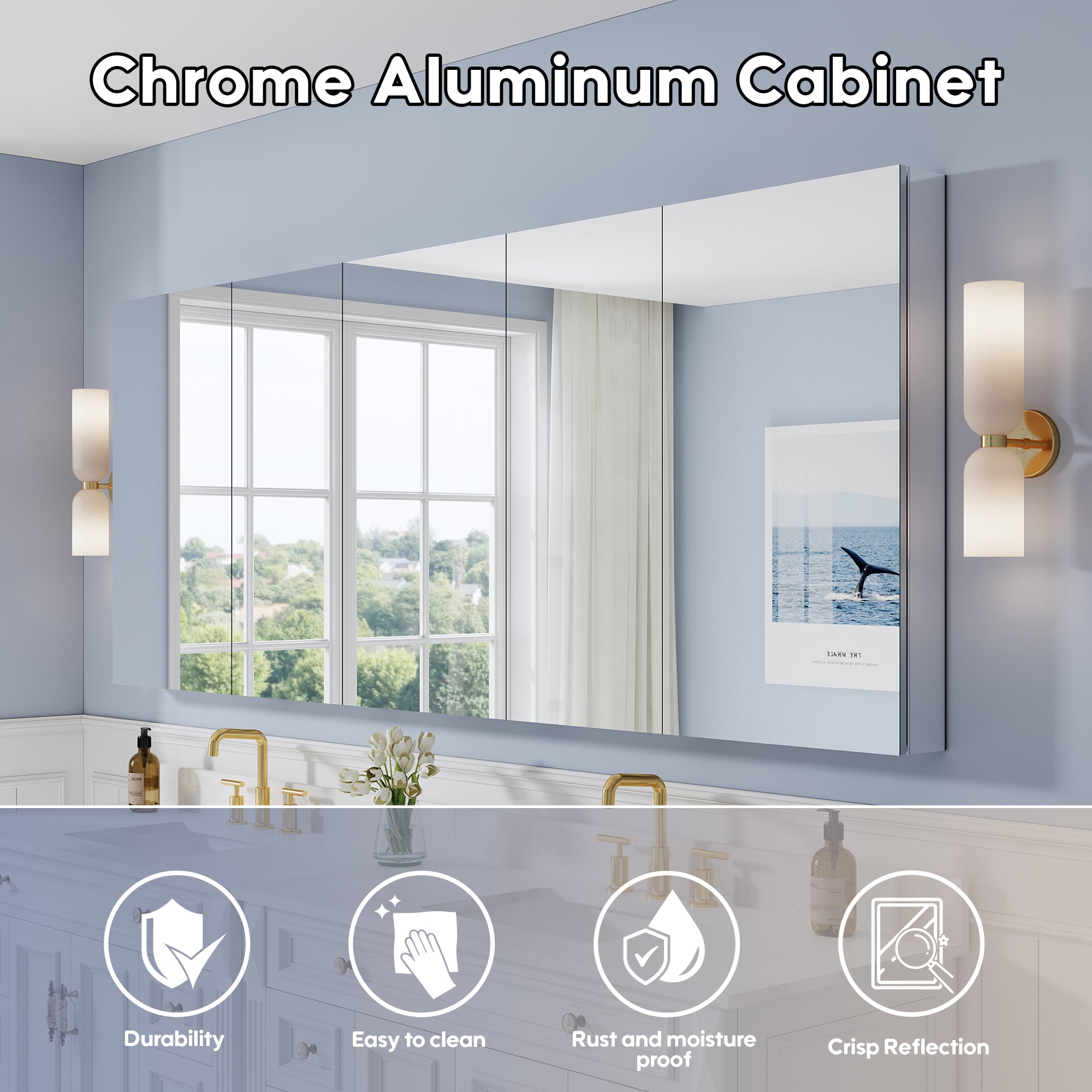 92 in. ×36 in. Copper-Free Tri-Views Mirror Medicine Cabinet with Adjustable Shelves and 5 Swing Doors