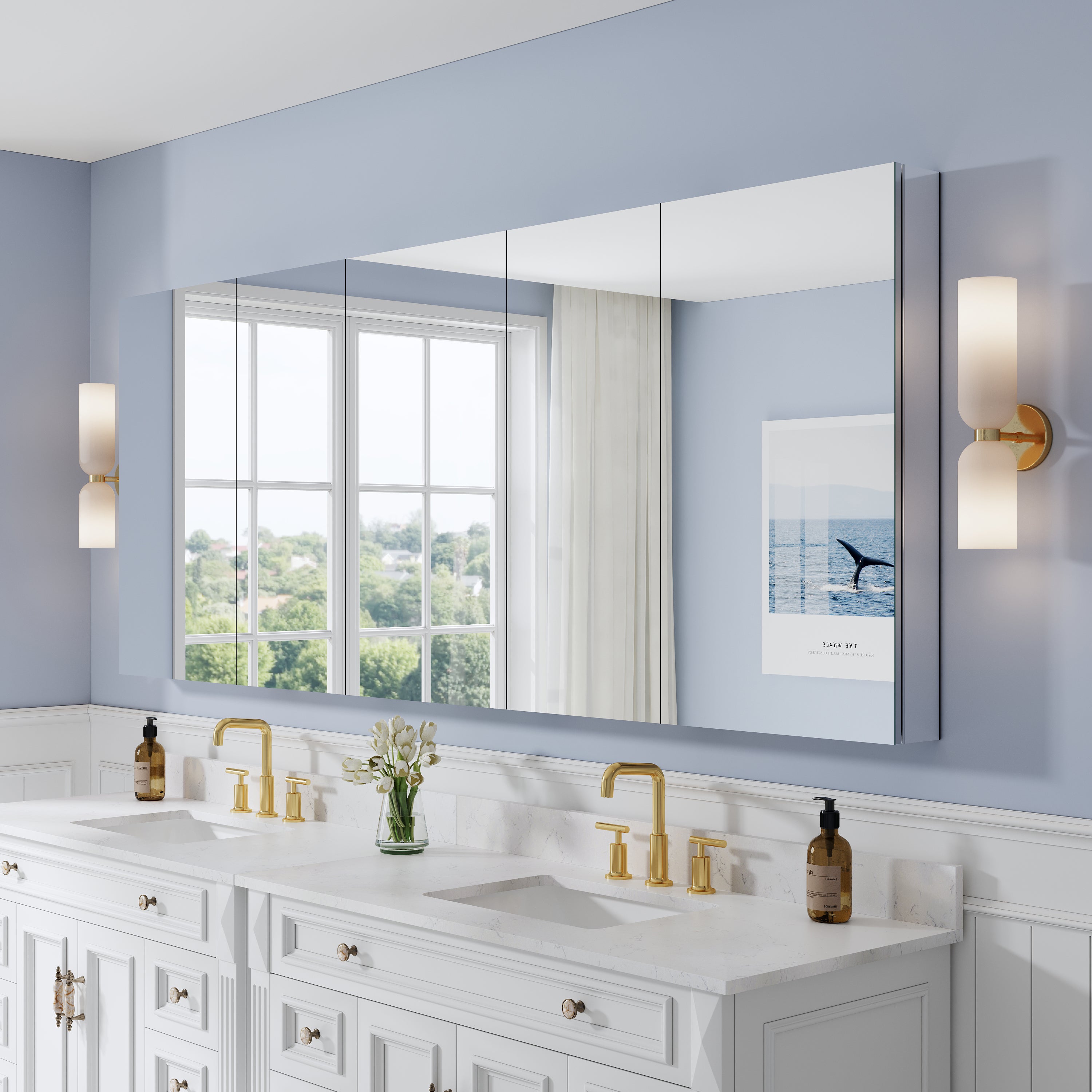 92 in. ×36 in. Copper-Free Tri-Views Mirror Medicine Cabinet with Adjustable Shelves and 5 Swing Doors