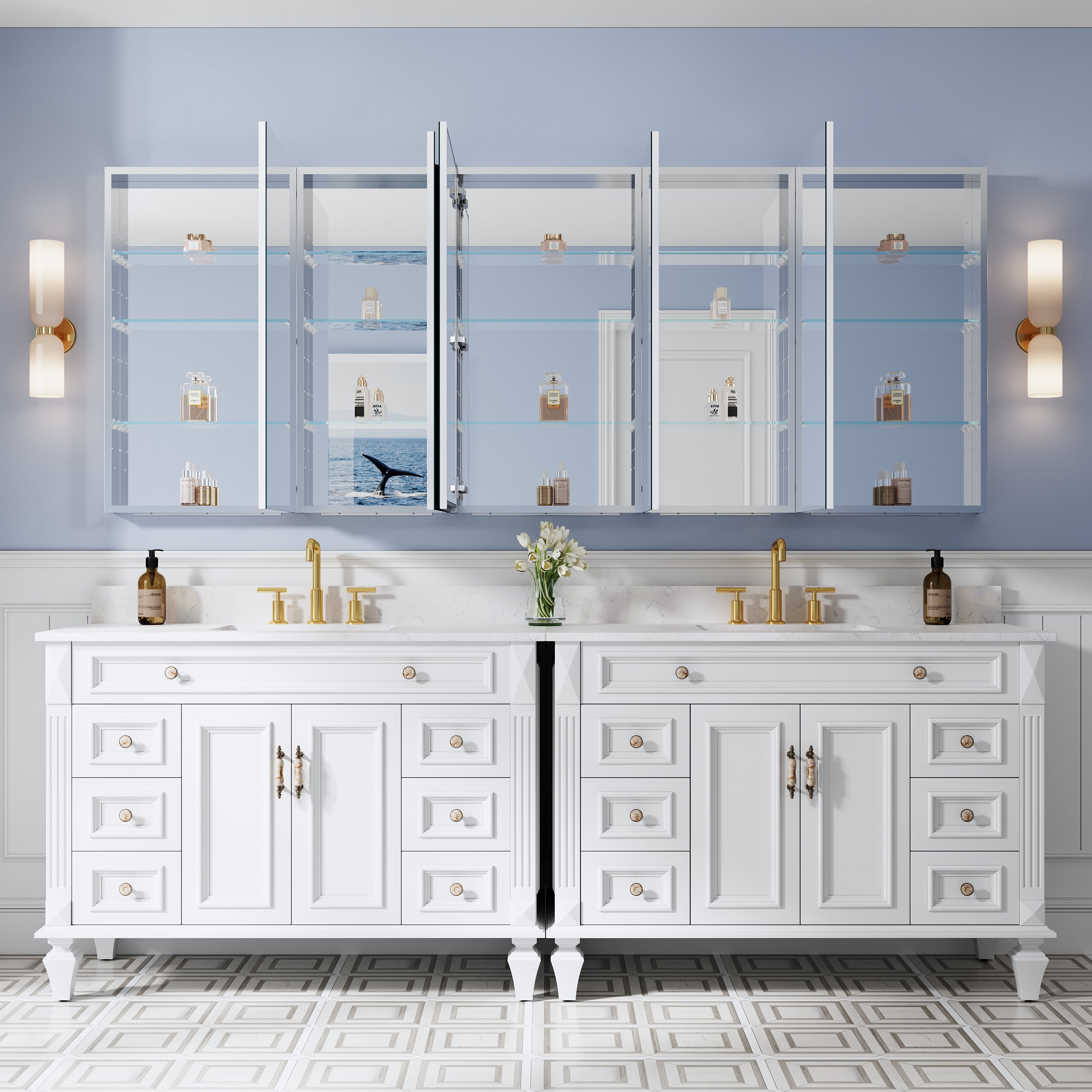 92 in. ×36 in. Copper-Free Tri-Views Mirror Medicine Cabinet with Adjustable Shelves and 5 Swing Doors