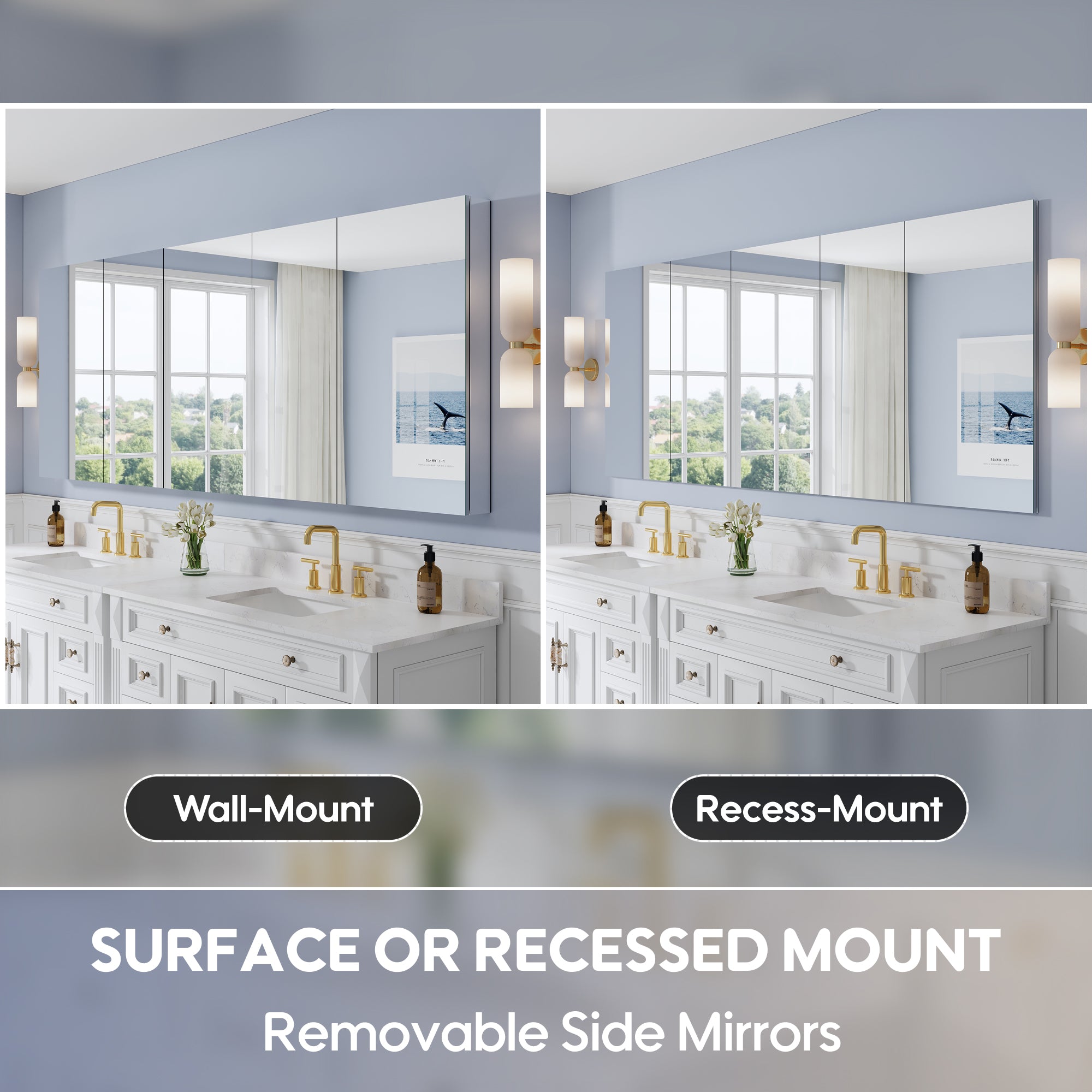 92 in. ×36 in. Copper-Free Tri-Views Mirror Medicine Cabinet with Adjustable Shelves and 5 Swing Doors