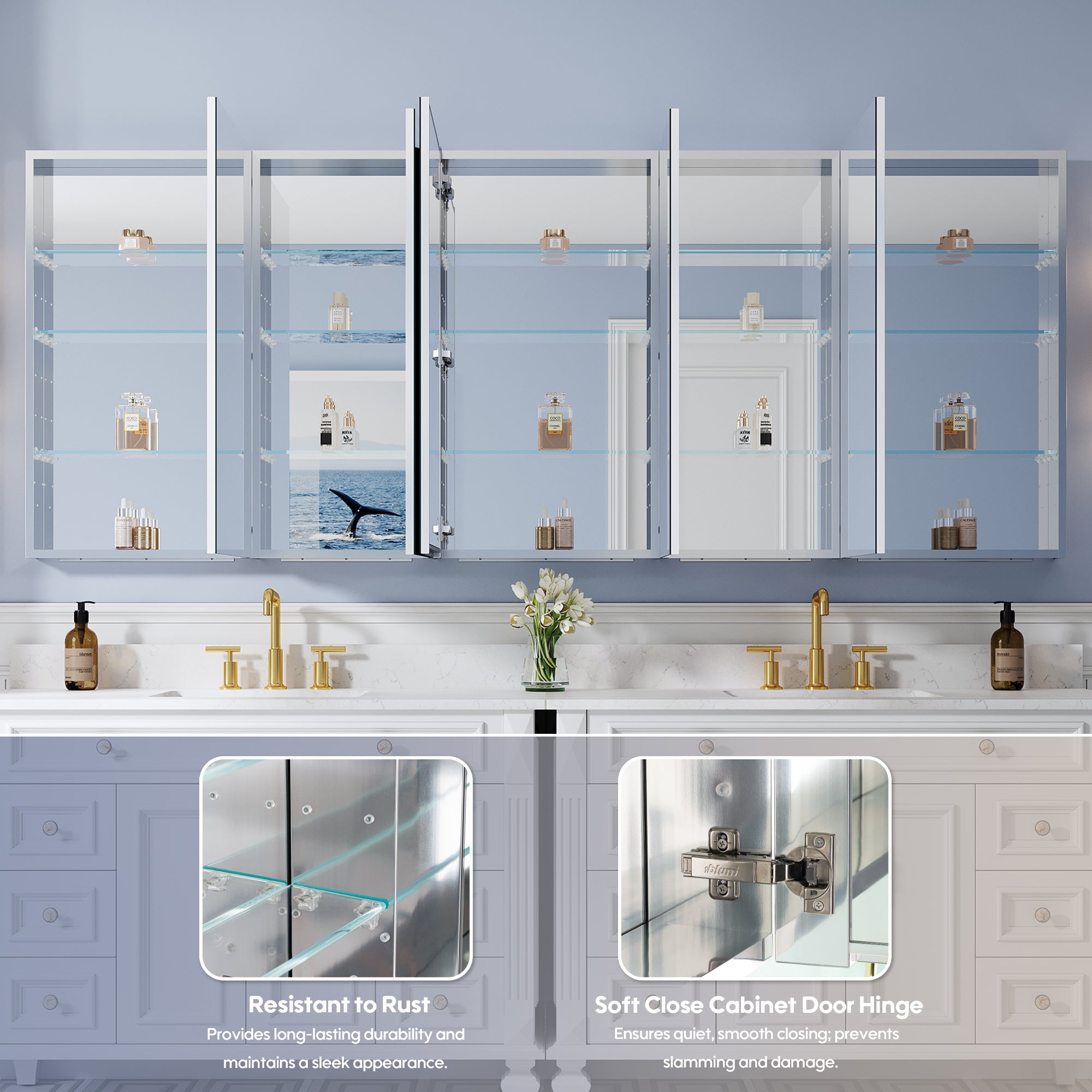 92 in. ×36 in. Copper-Free Tri-Views Mirror Medicine Cabinet with Adjustable Shelves and 5 Swing Doors