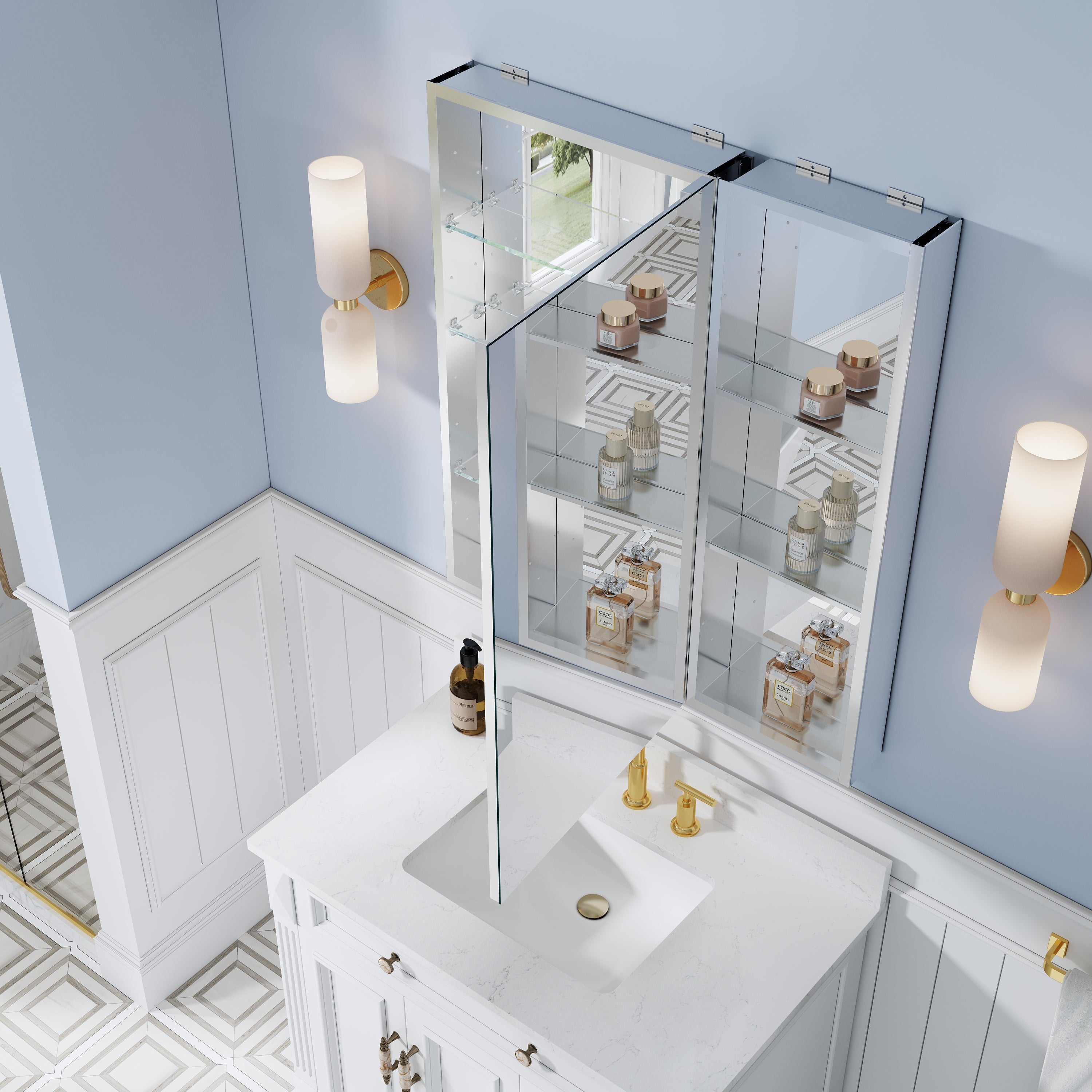 32 in. ×36 in. Bathroom Medicine Cabinet Set with Copper-Free Tri-View Mirror and Open Side Cabinet, Recessed or Surface Mount