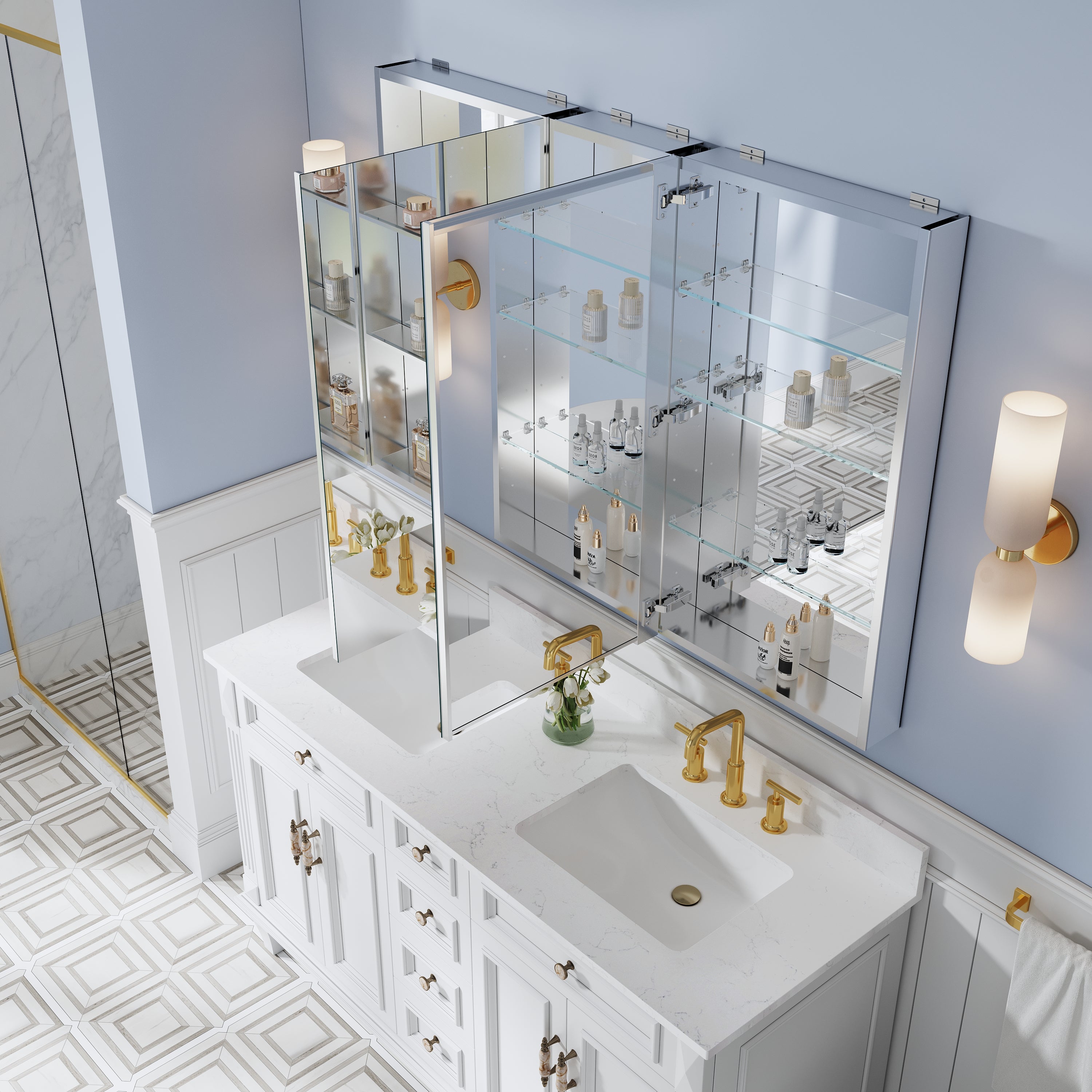 52 in. ×36 in. Bathroom Medicine Cabinet Set with Copper-Free Tri-View Mirror and Open Side Cabinet, Recessed or Surface Mount