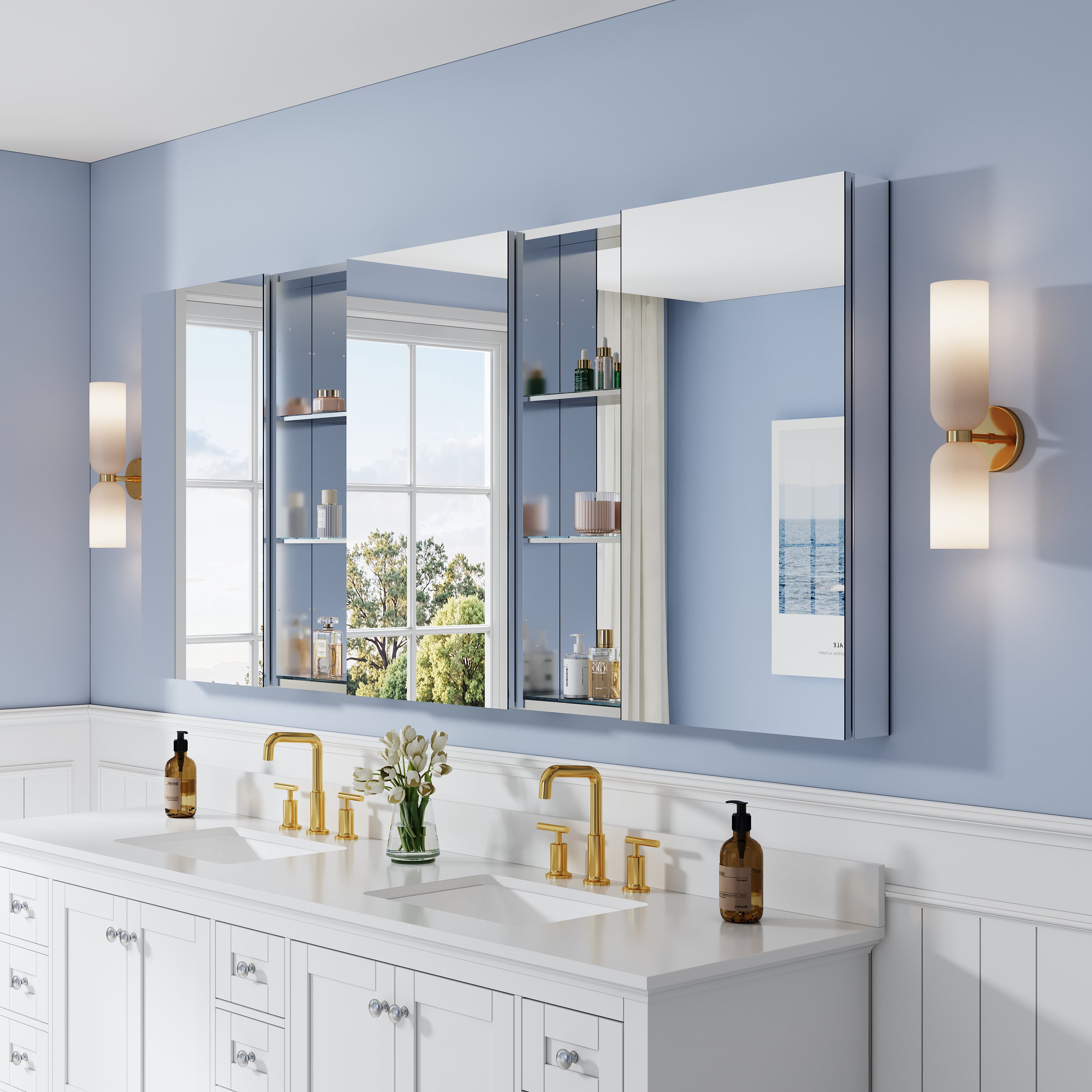 84 in. ×36 in. Bathroom Medicine Cabinet Set with Copper-Free Tri-View Mirror and Open Side Cabinet, Recessed or Surface Mount