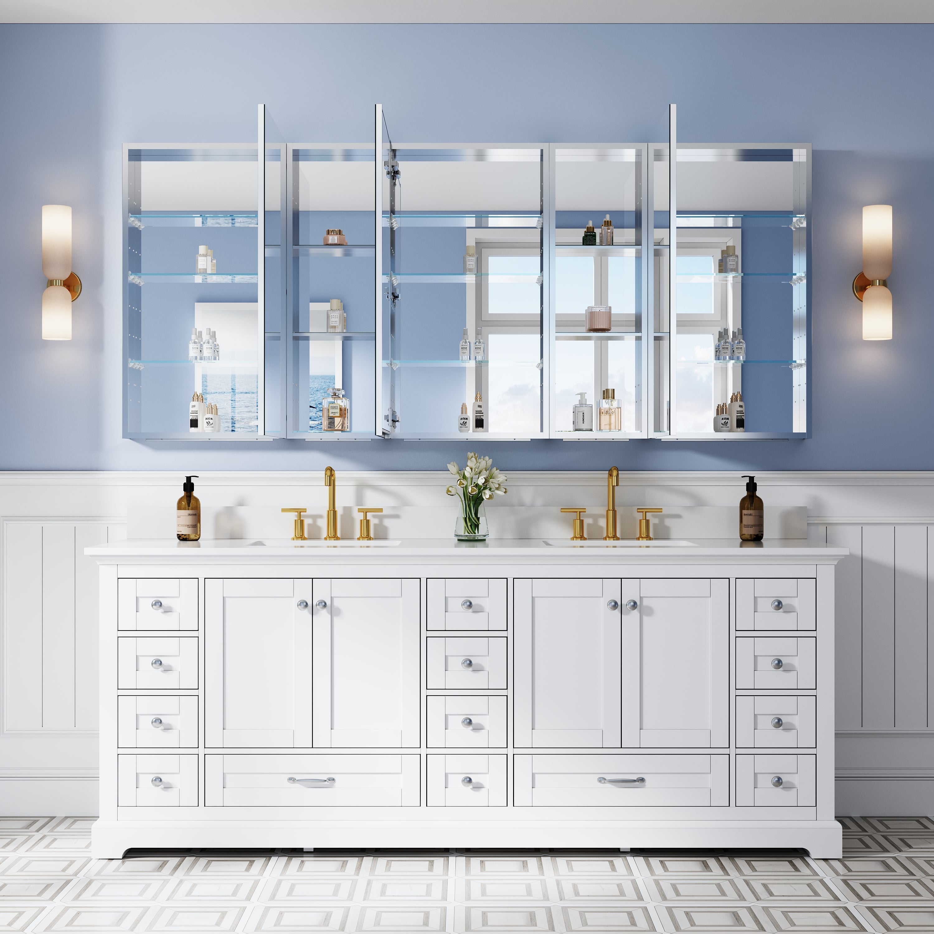 84 in. ×36 in. Bathroom Medicine Cabinet Set with Copper-Free Tri-View Mirror and Open Side Cabinet, Recessed or Surface Mount