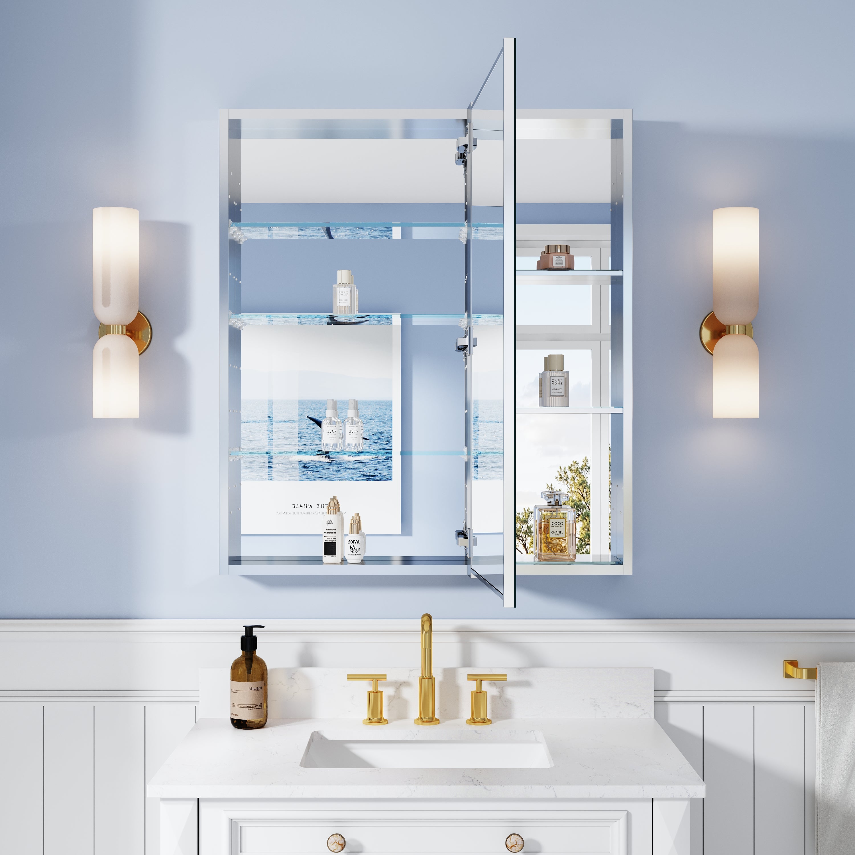 32 in. ×36 in. Bathroom Medicine Cabinet Set with Copper-Free Tri-View Mirror and Open Side Cabinet, Recessed or Surface Mount