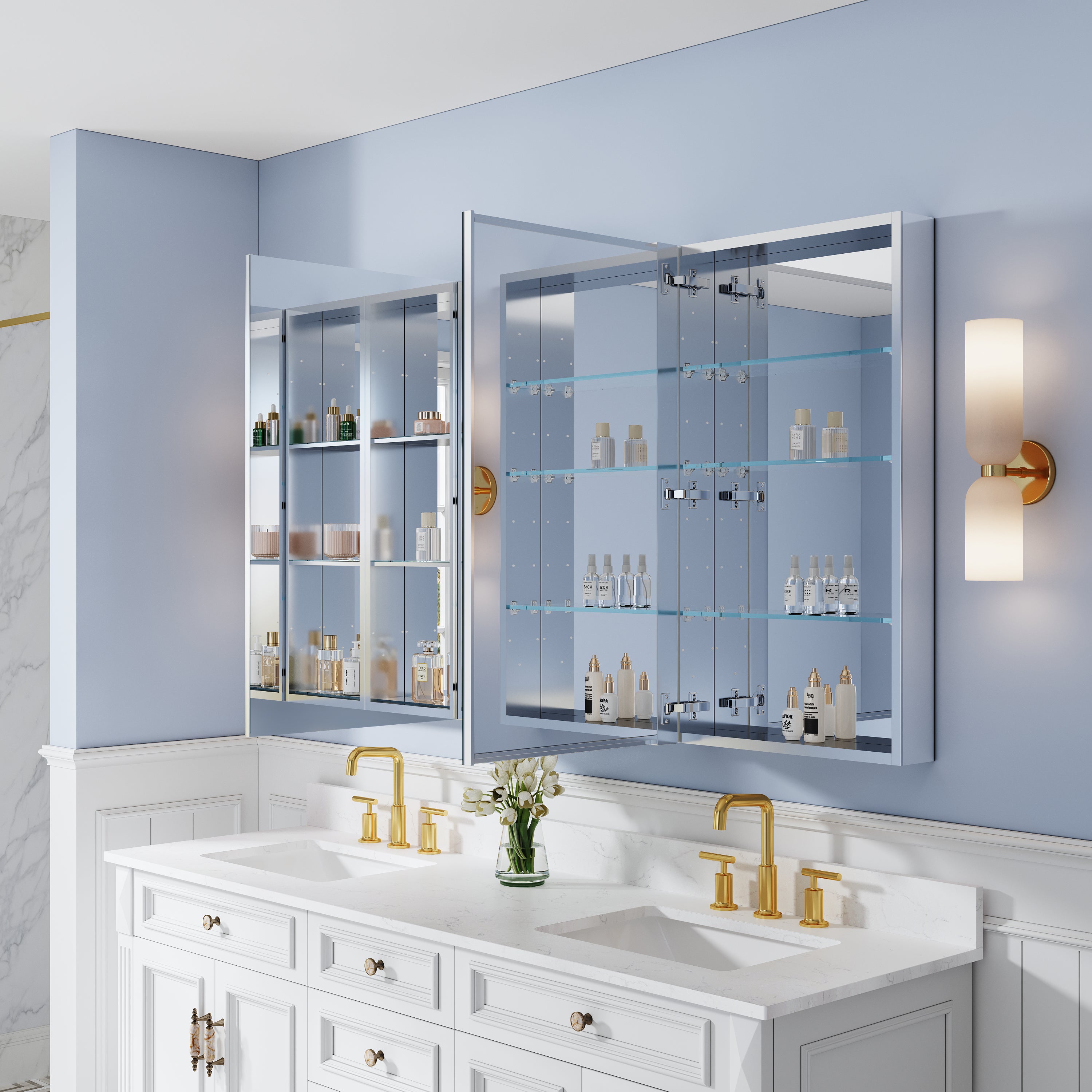 64 in. ×36 in. Bathroom Medicine Cabinet Set with Copper-Free Tri-View Mirror and Open Side Cabinet, Recessed or Surface Mount