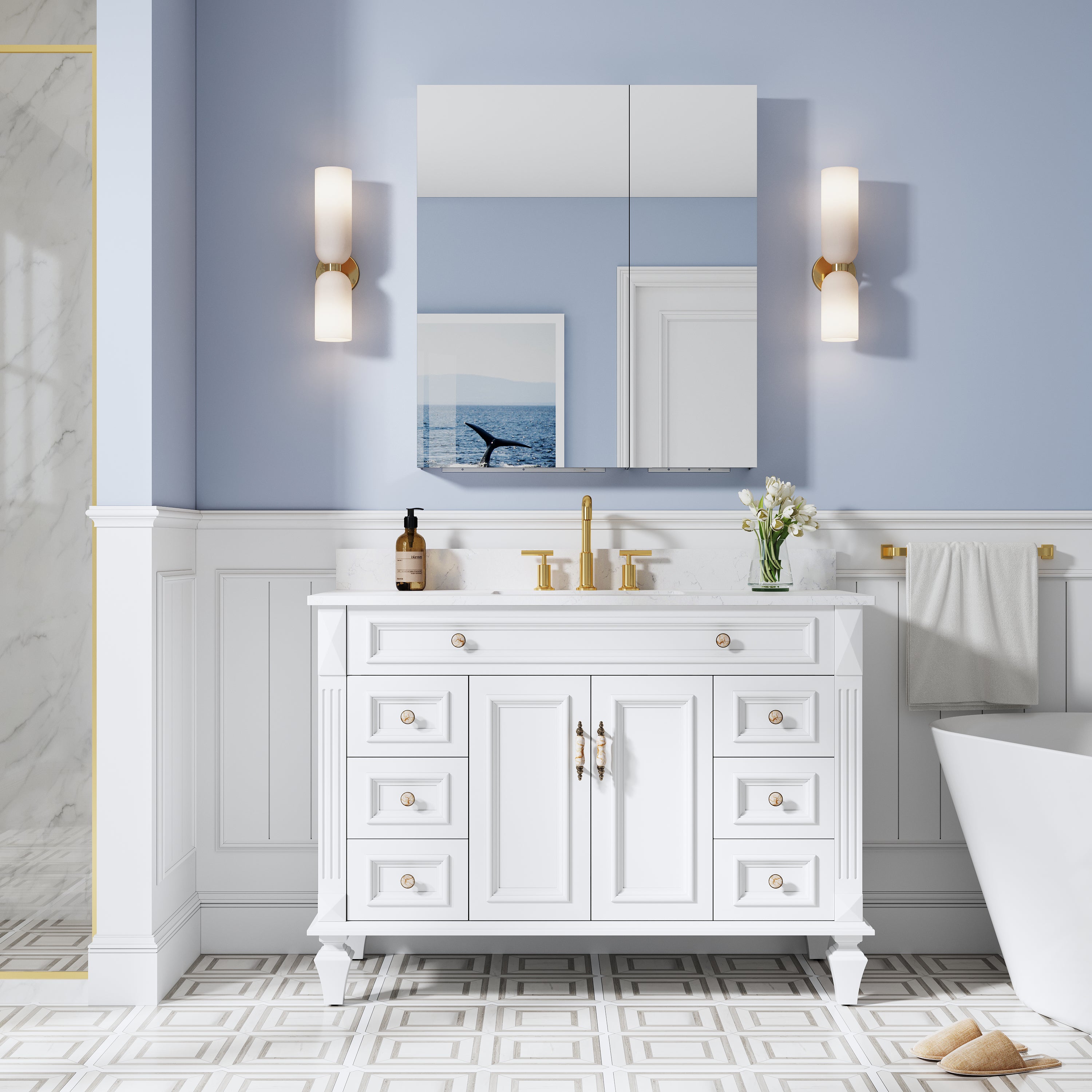 32 in. ×36 in. Copper-Free Tri-Views Mirror Medicine Cabinet with Adjustable Shelves and Dual Swing Doors