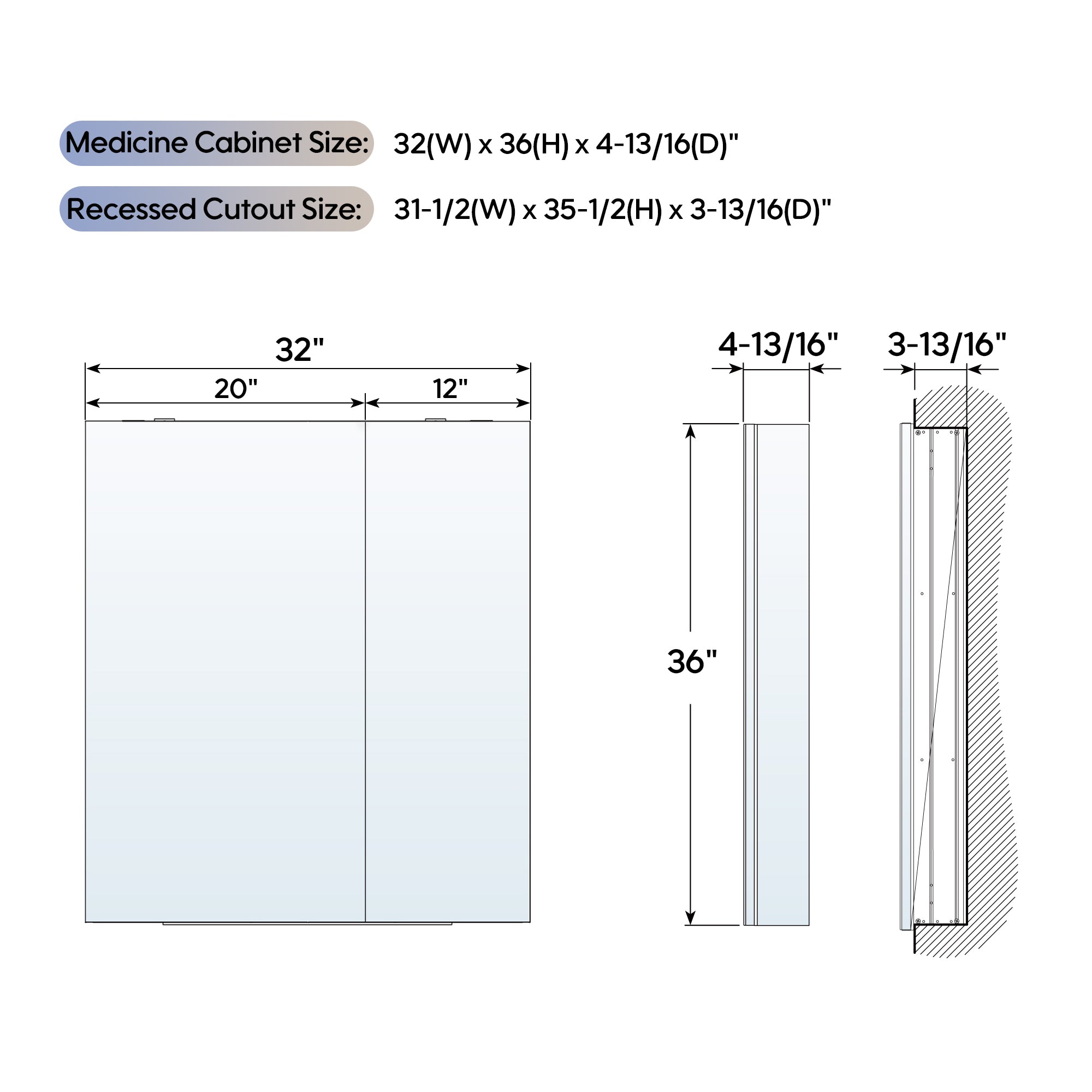 32 in. ×36 in. Copper-Free Tri-Views Mirror Medicine Cabinet with Adjustable Shelves and Dual Swing Doors