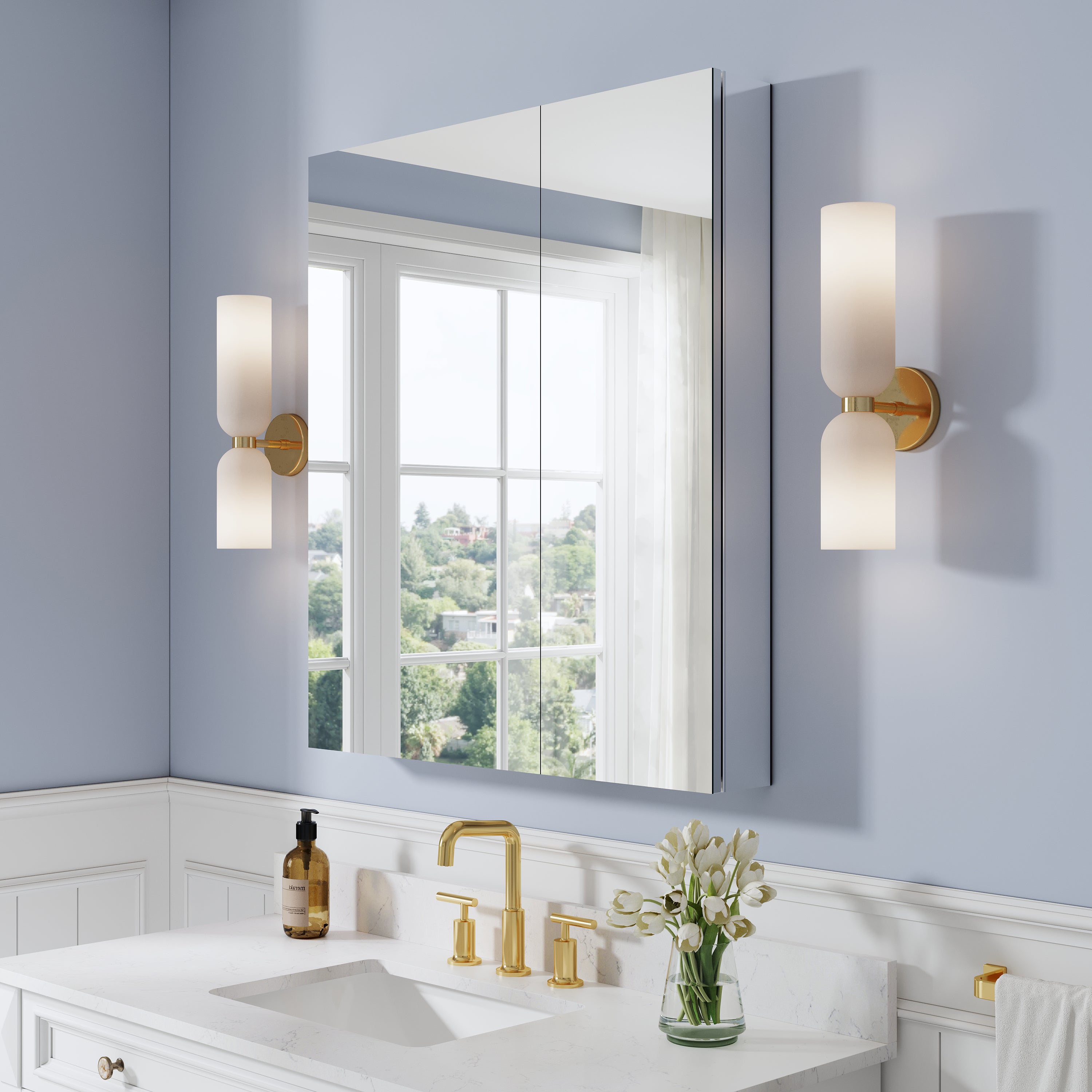 32 in. ×36 in. Copper-Free Tri-Views Mirror Medicine Cabinet with Adjustable Shelves and Dual Swing Doors