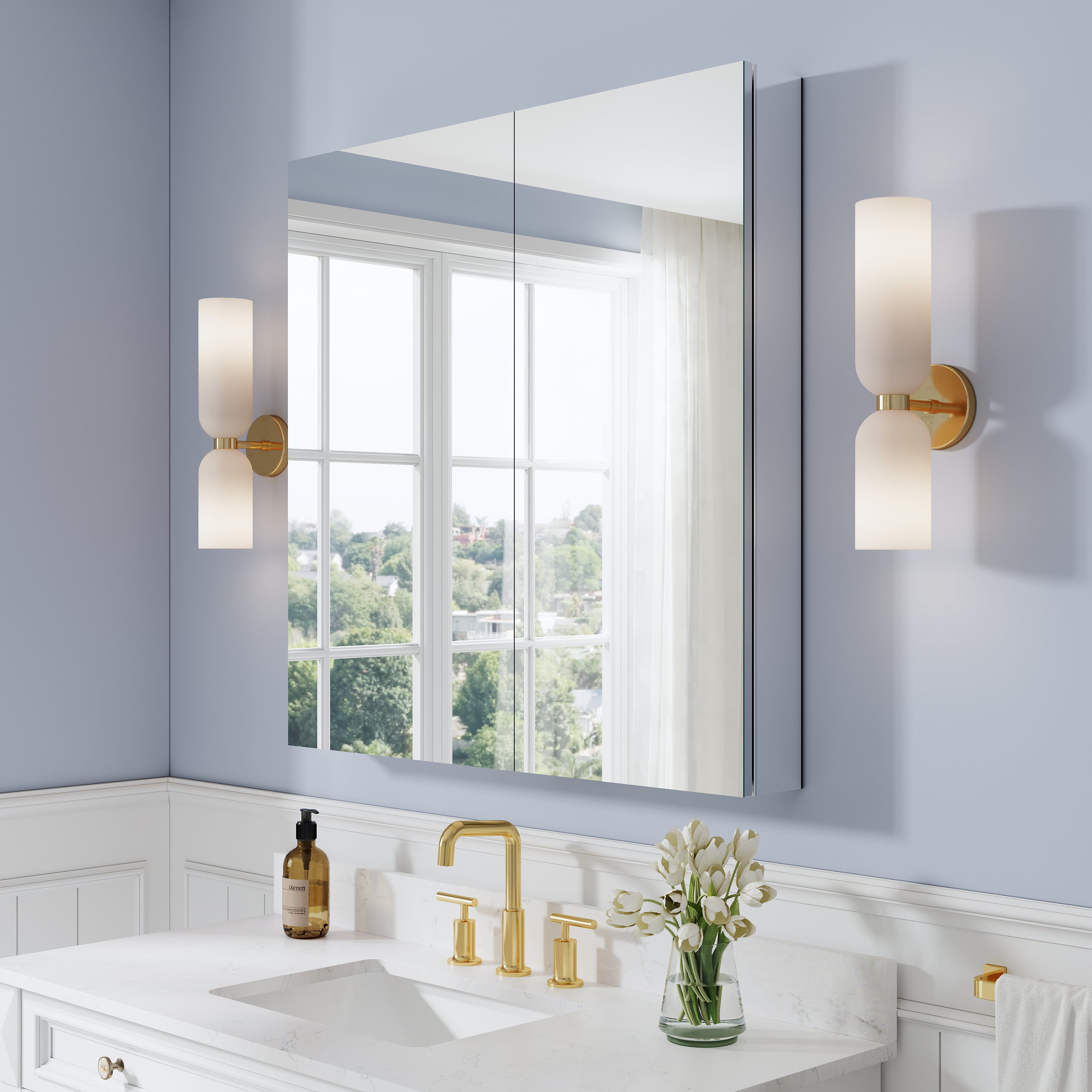 36 in. ×36 in. Copper-Free Tri-Views Mirror Medicine Cabinet with Adjustable Shelves and Dual Swing Doors