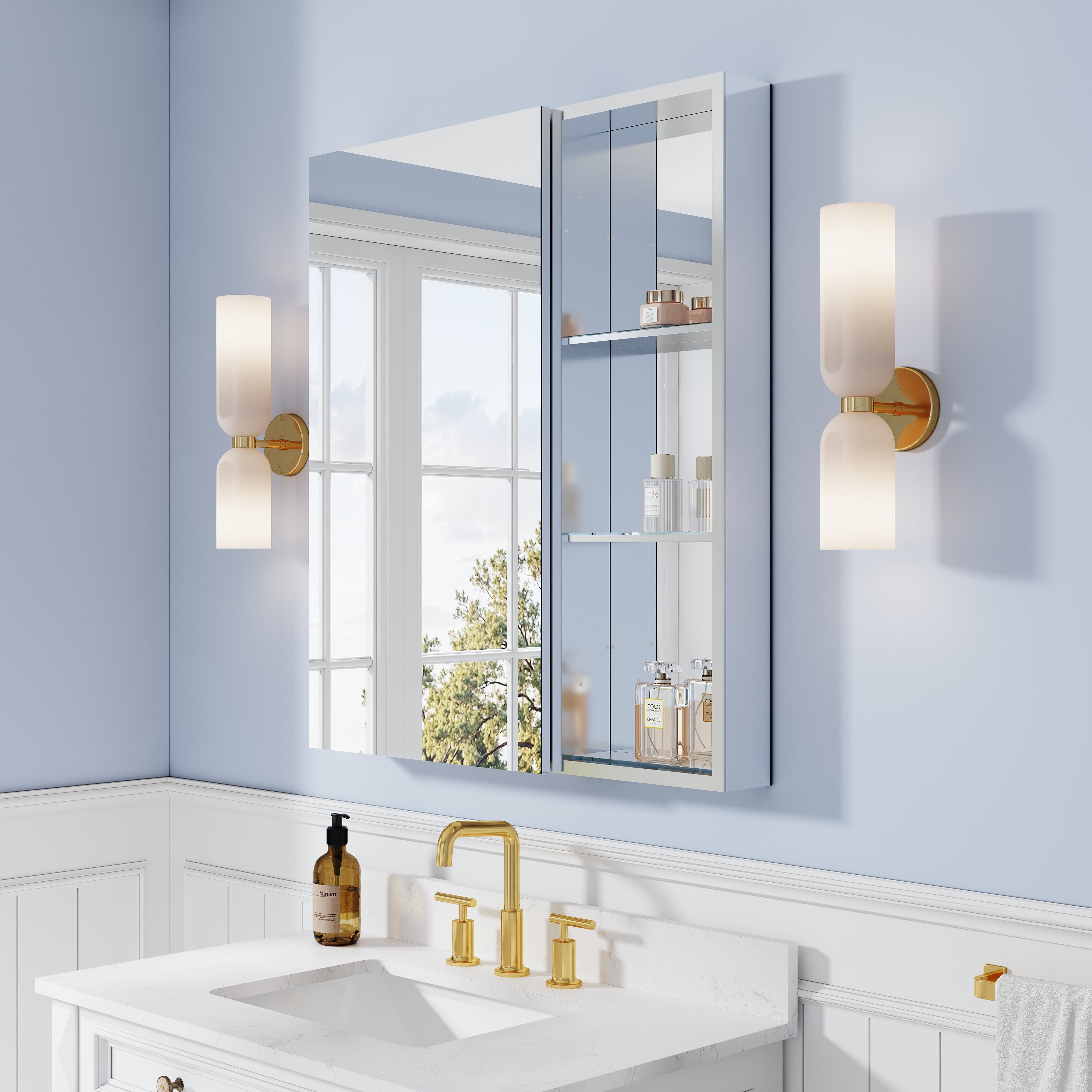 32 in. ×36 in. Bathroom Medicine Cabinet Set with Copper-Free Tri-View Mirror and Open Side Cabinet, Recessed or Surface Mount