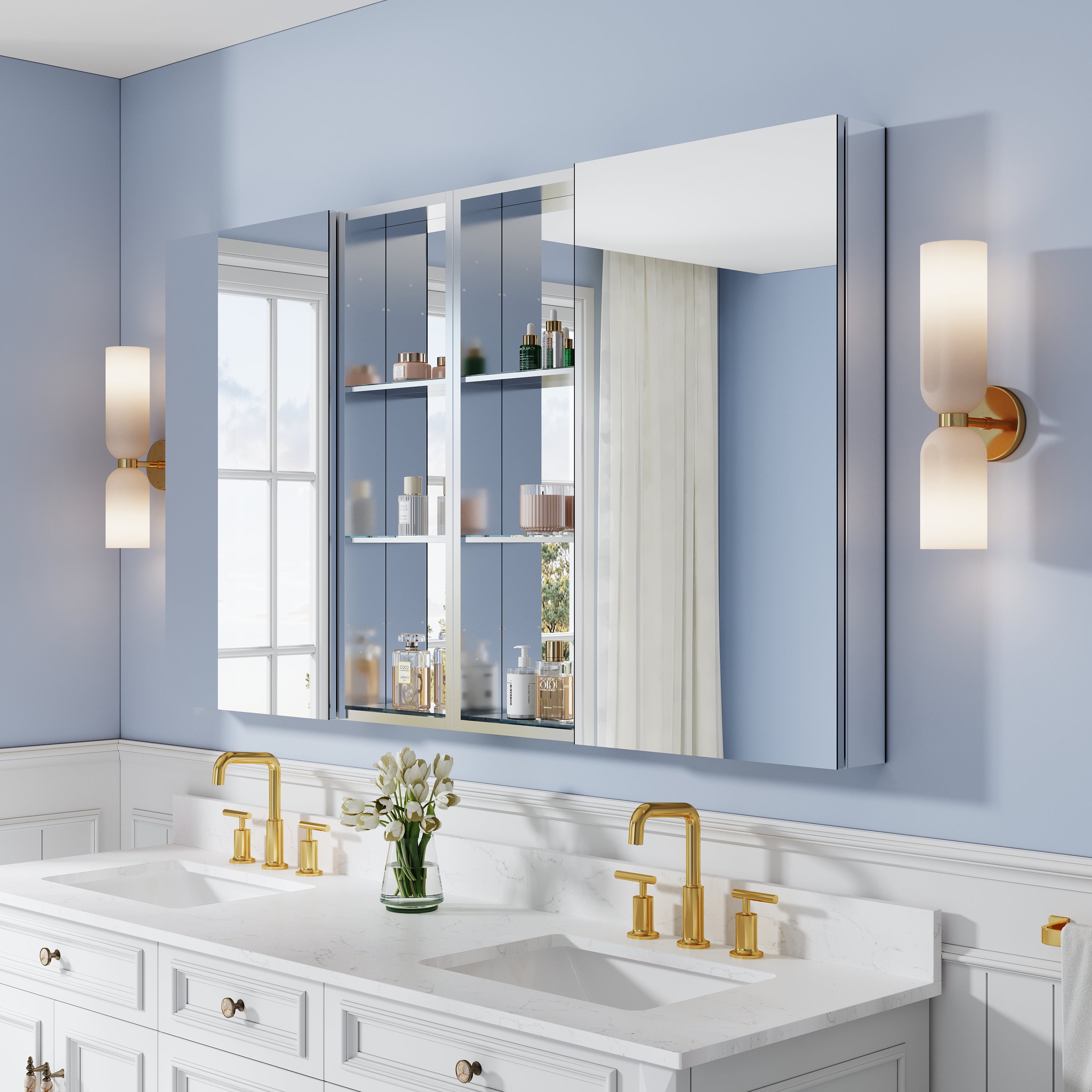 64 in. ×36 in. Bathroom Medicine Cabinet Set with Copper-Free Tri-View Mirror and Open Side Cabinet, Recessed or Surface Mount