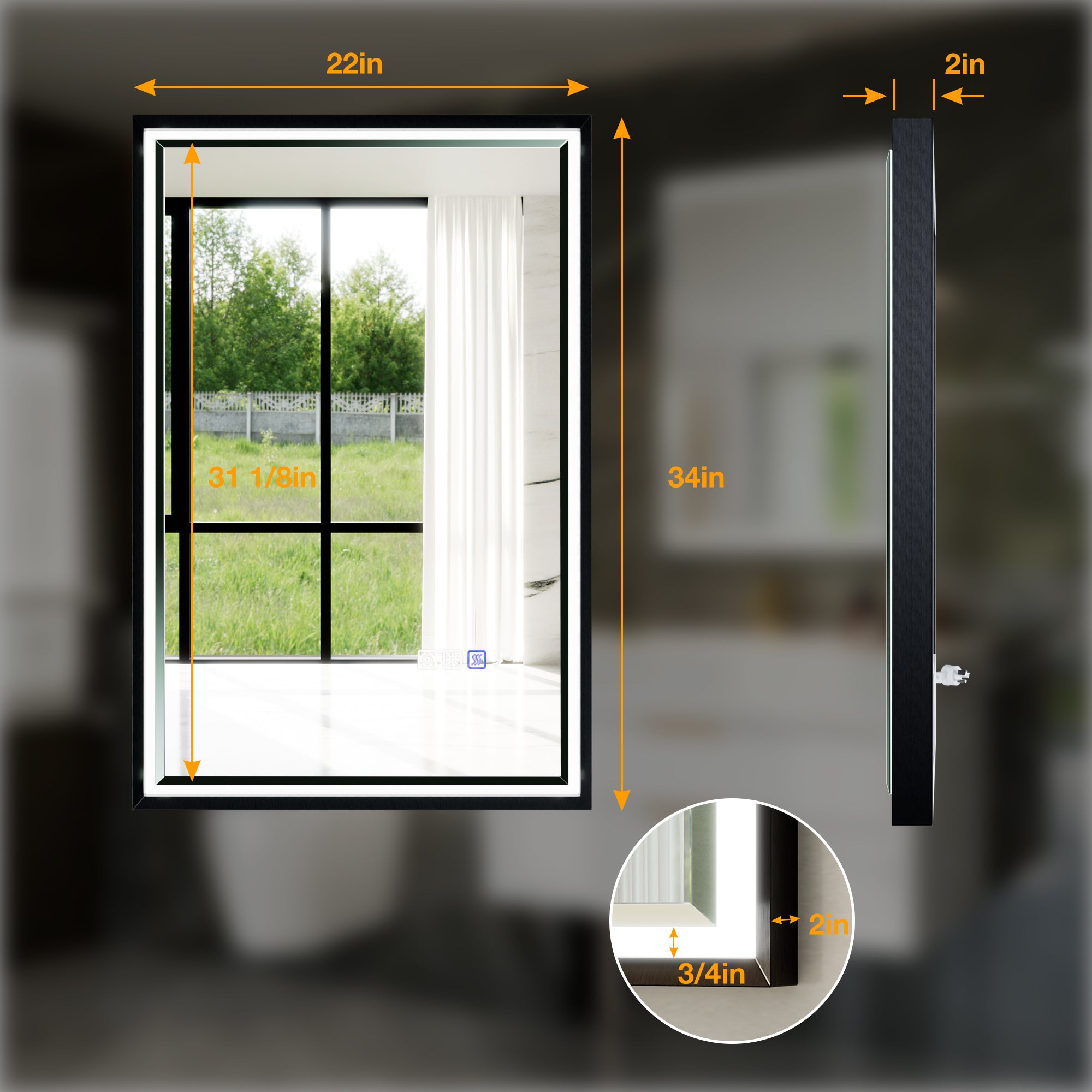 22 in. W x 34 in. Aluminum Framed LED Bathroom Mirror - Anti-Fog, Dimmable, Smart Memory, Matte Black