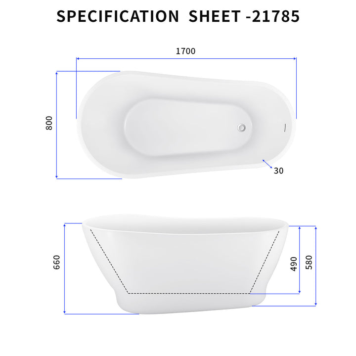 59"/63"/67"White Acrylic Freestanding Soaking Bathtub