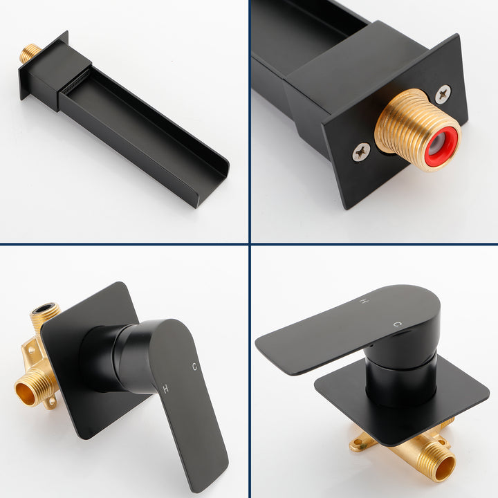 Wall Mount Bathroom Faucet for Sink Waterfall Bathroom Sink Faucet with Rough-in Valve Trim Kit Brushed Gold Tub Filler Faucets