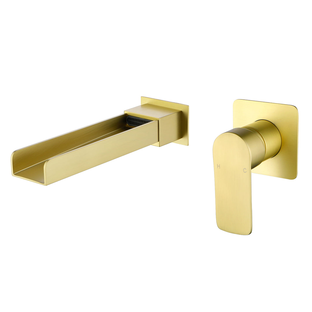 Wall Mount Bathroom Faucet for Sink Waterfall Bathroom Sink Faucet with Rough-in Valve Trim Kit Brushed Gold Tub Filler Faucets