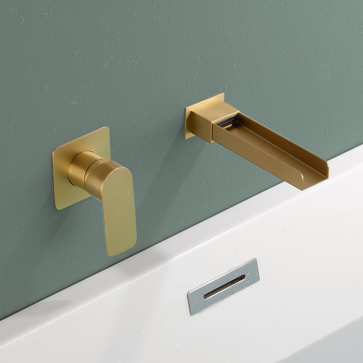 Wall Mount Bathroom Faucet for Sink Waterfall Bathroom Sink Faucet with Rough-in Valve Trim Kit Brushed Gold Tub Filler Faucets